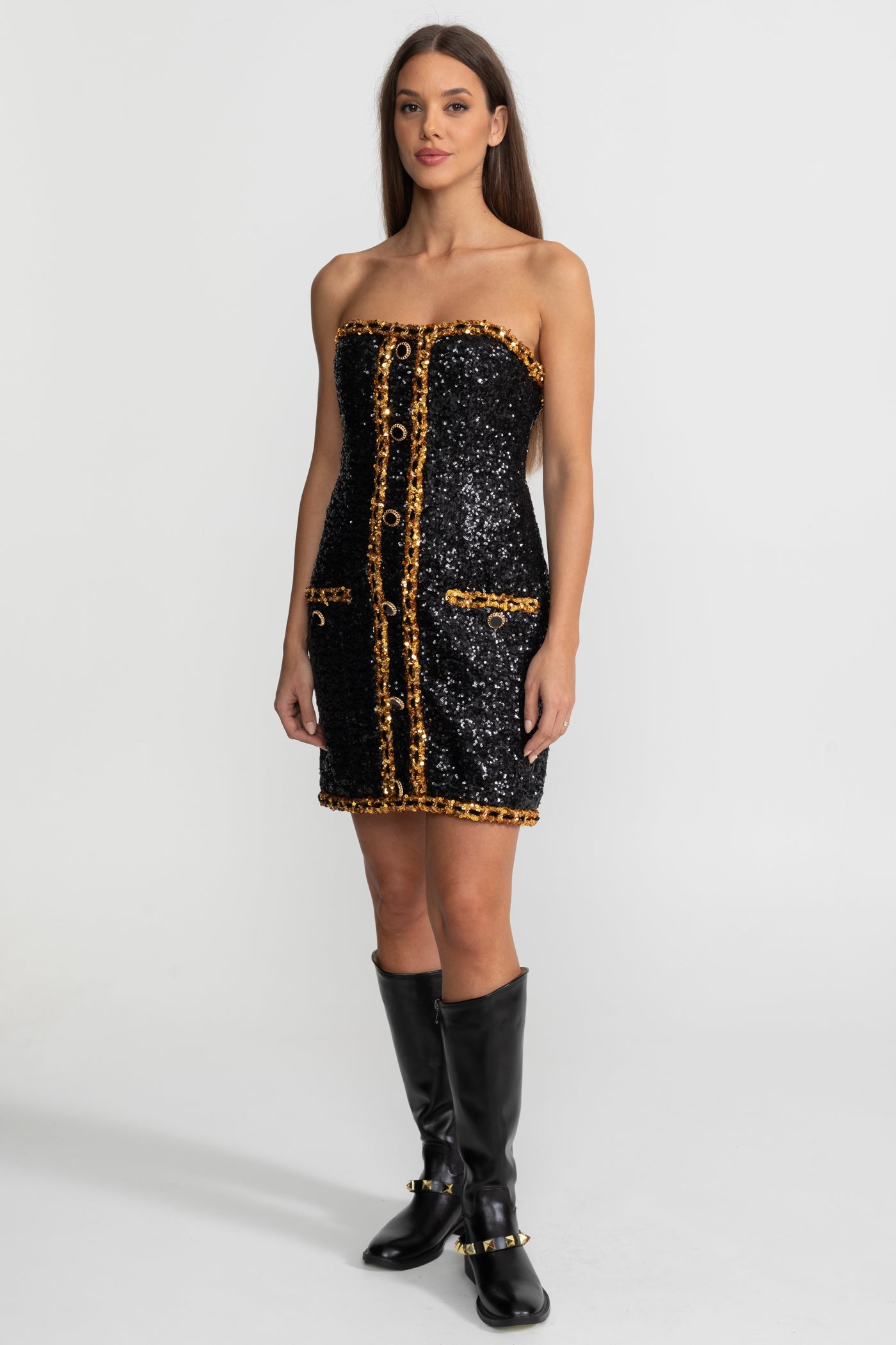 Strapless Sequin Mini Dress With Chain Trim Detailing – Black
