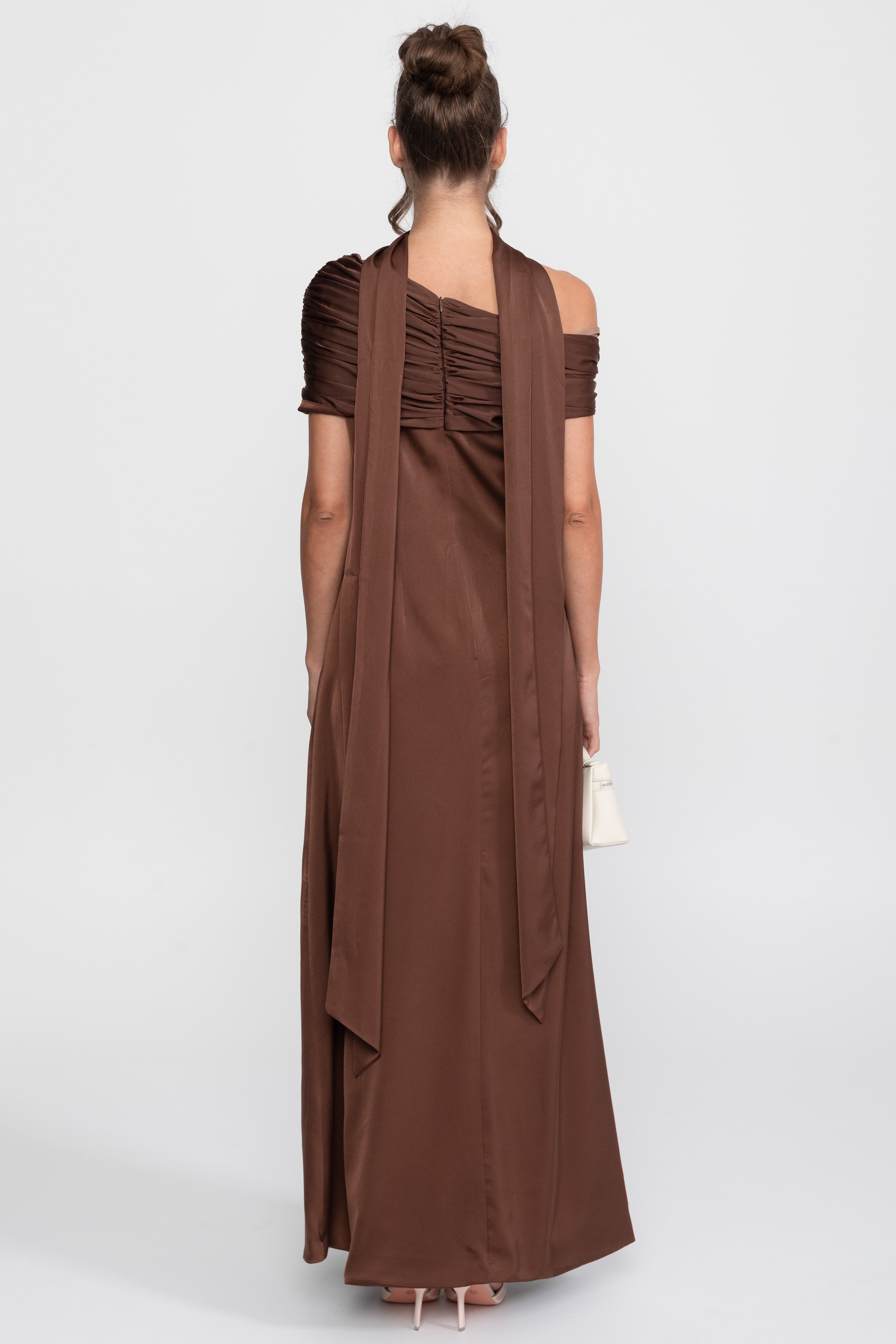 One-Shoulder Draped Satin Gown With Ruched Wrap - Brown