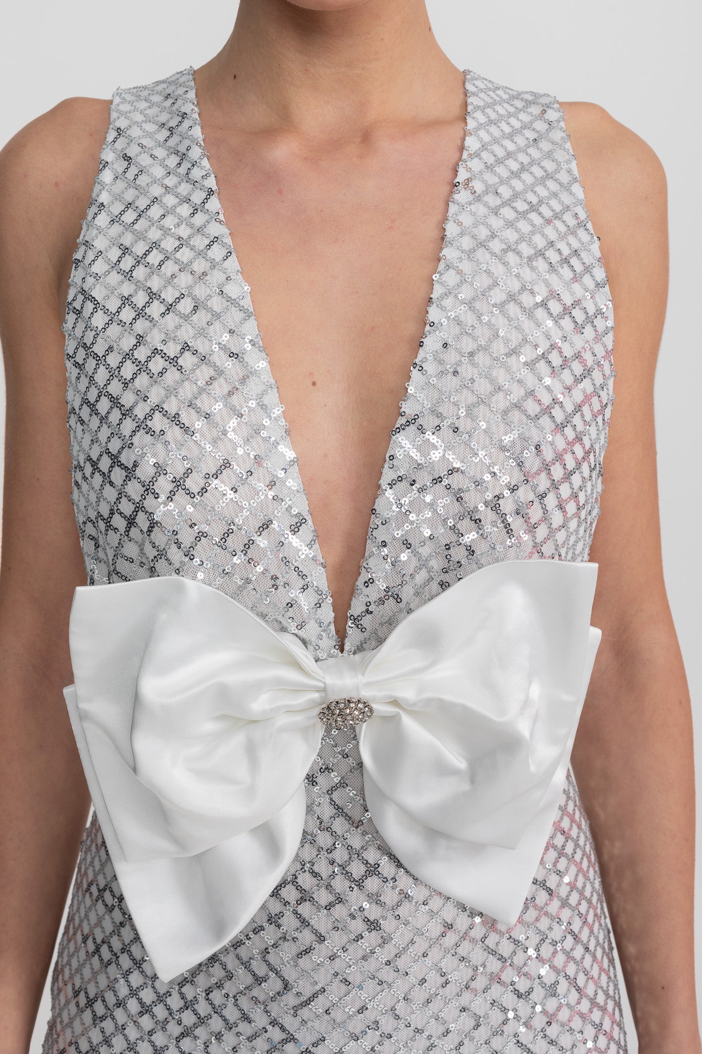 Sequin Maxi Dress With Satin Bow Detail - Light Grey