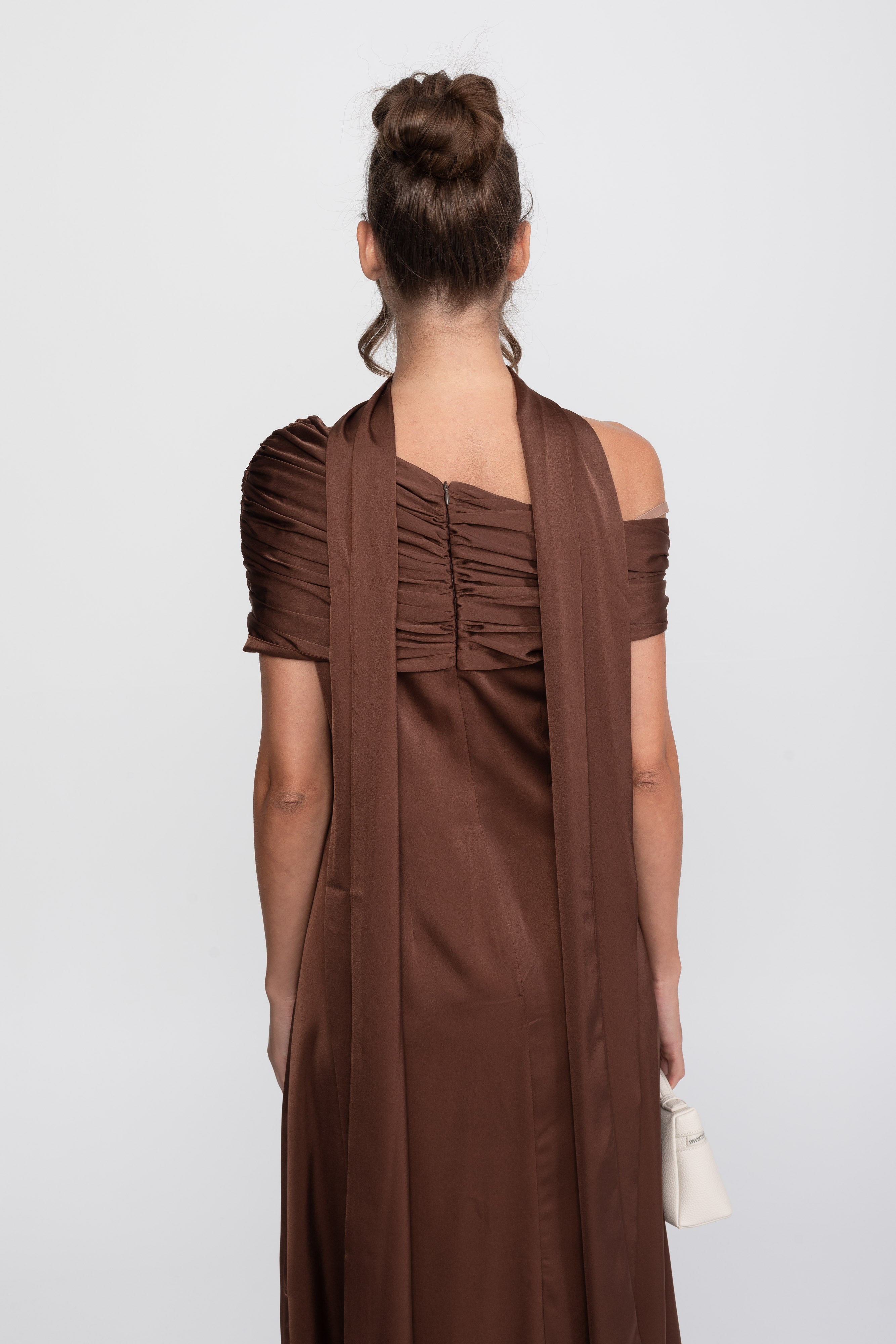 One-Shoulder Draped Satin Gown With Ruched Wrap - Brown