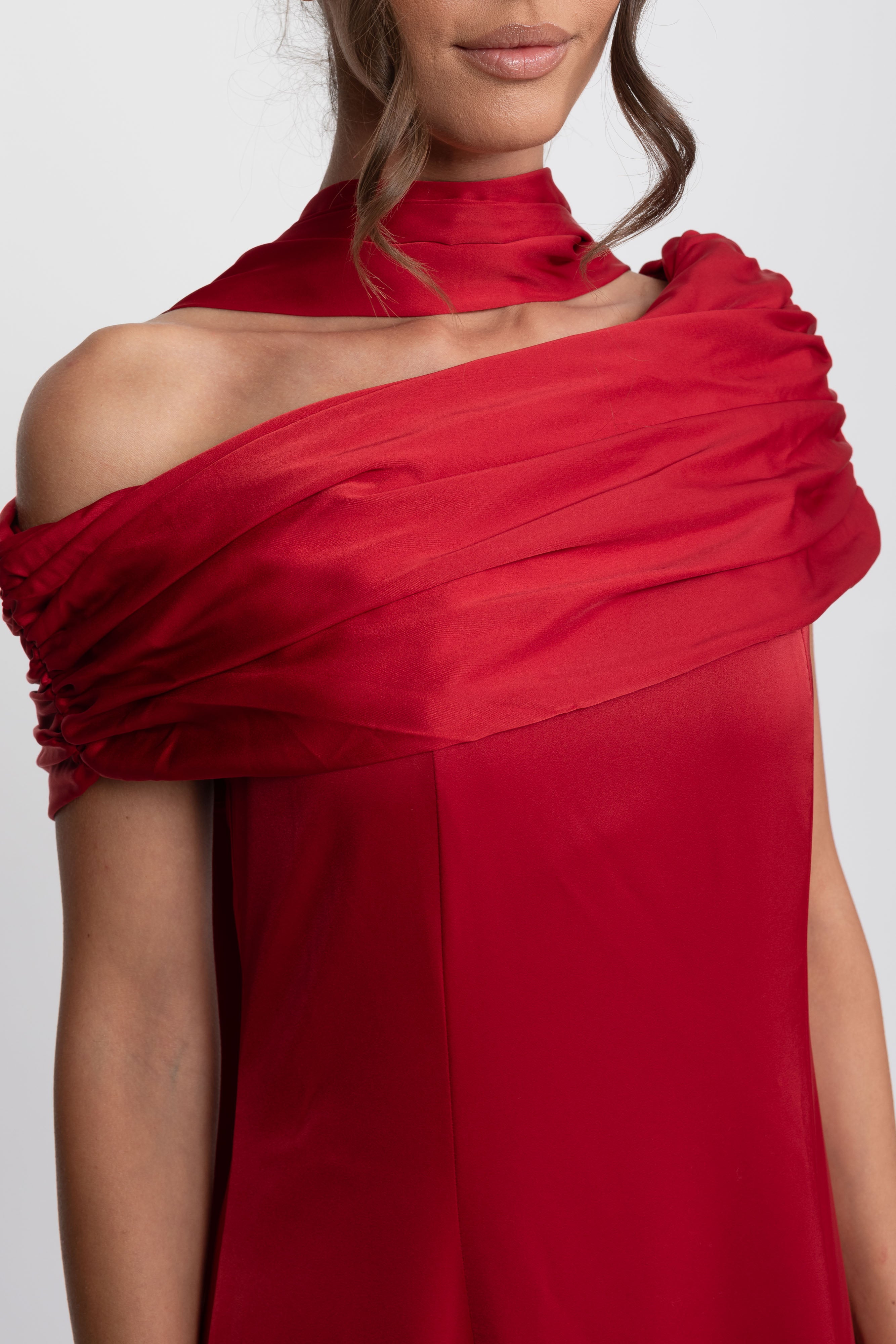 One-Shoulder Draped Satin Gown With Ruched Wrap - Red