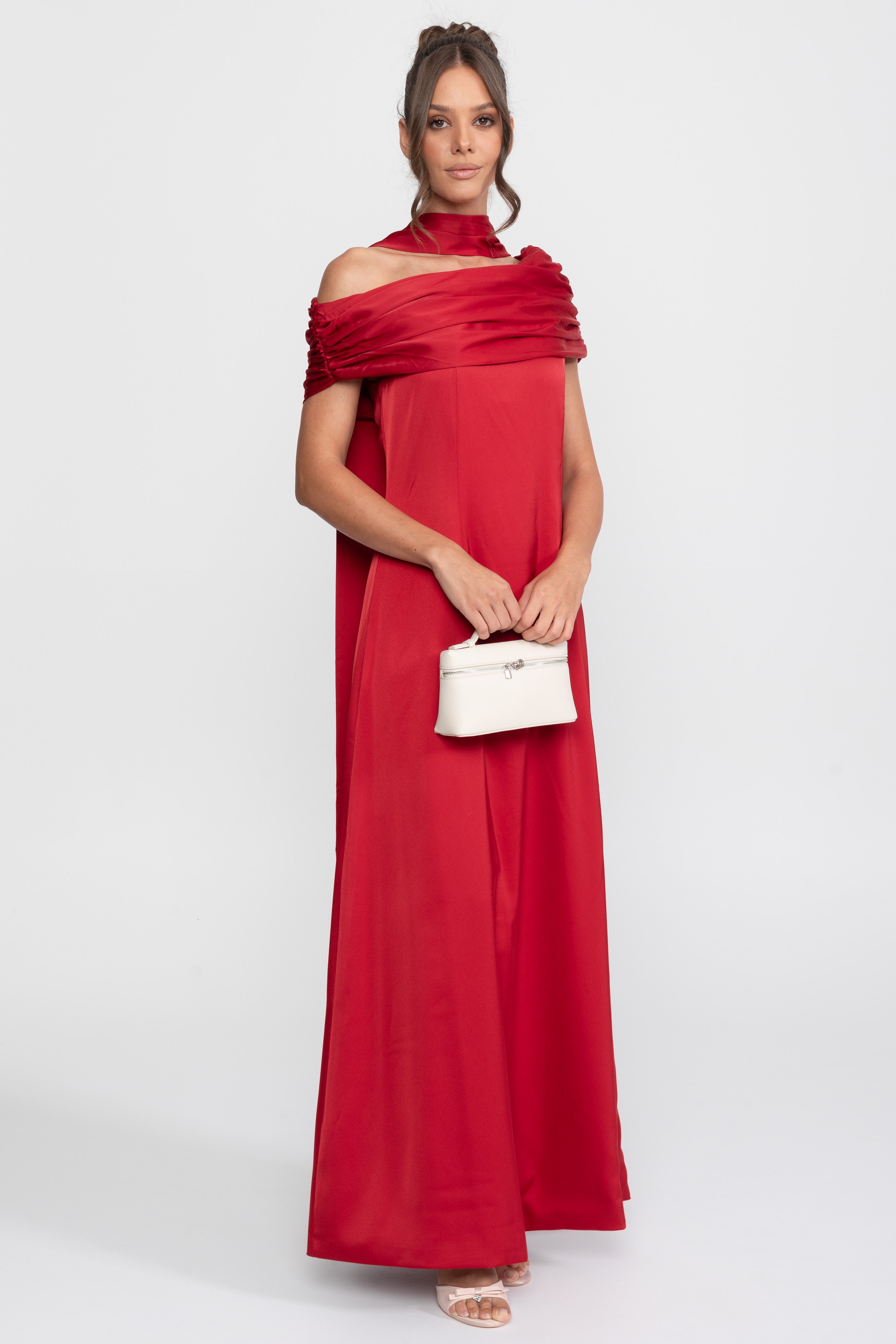 One-Shoulder Draped Satin Gown With Ruched Wrap - Red