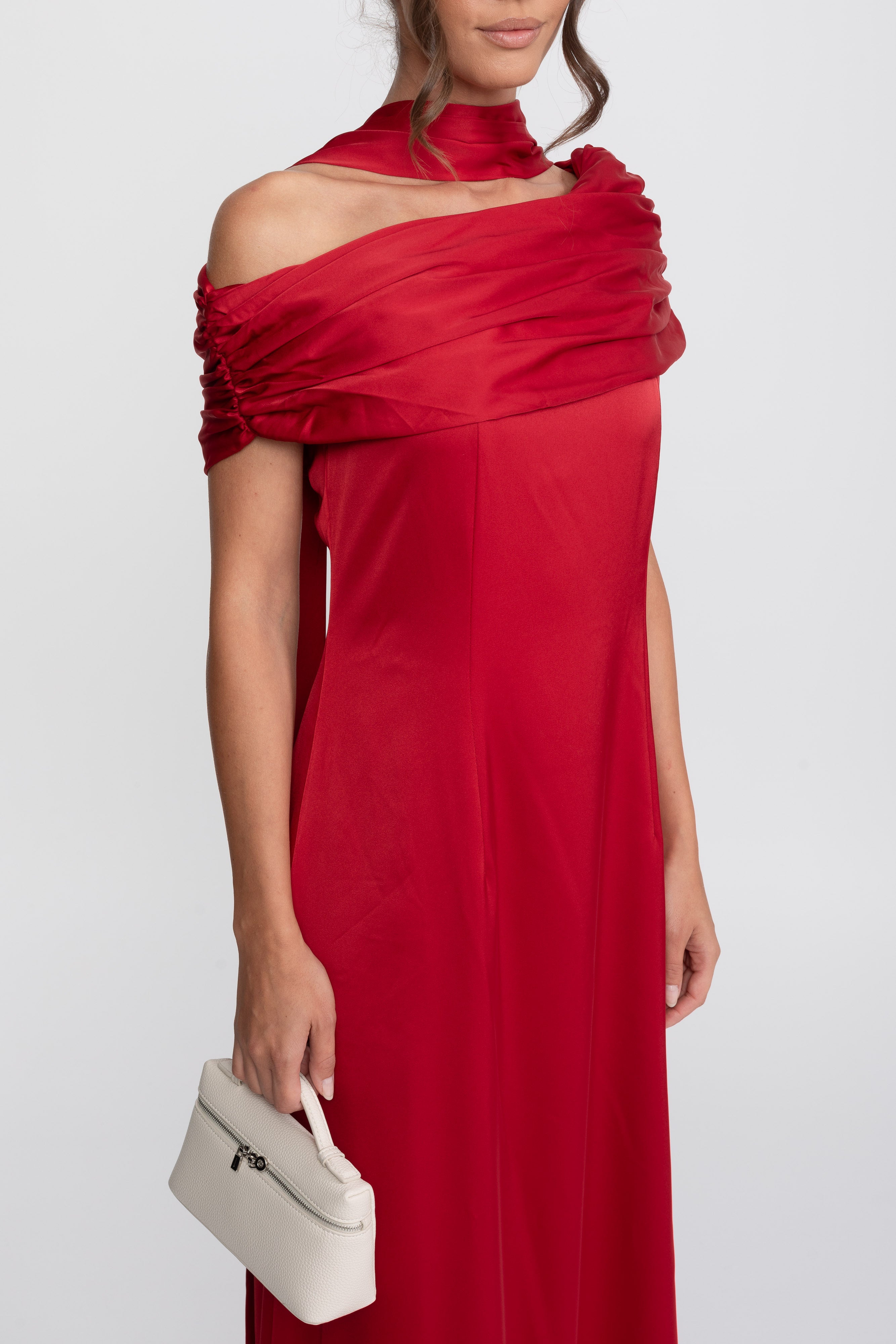 One-Shoulder Draped Satin Gown With Ruched Wrap - Red