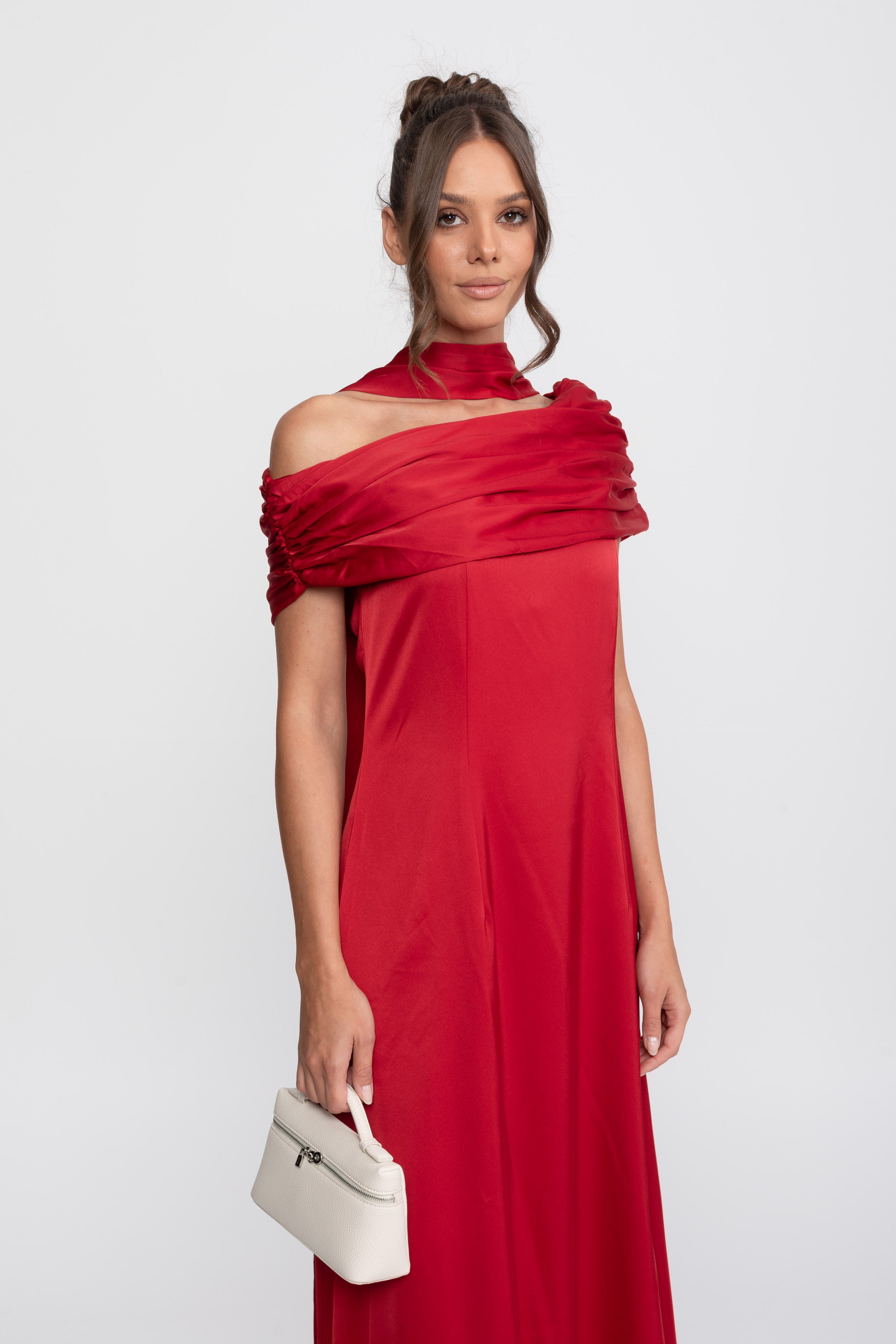 One-Shoulder Draped Satin Gown With Ruched Wrap - Red
