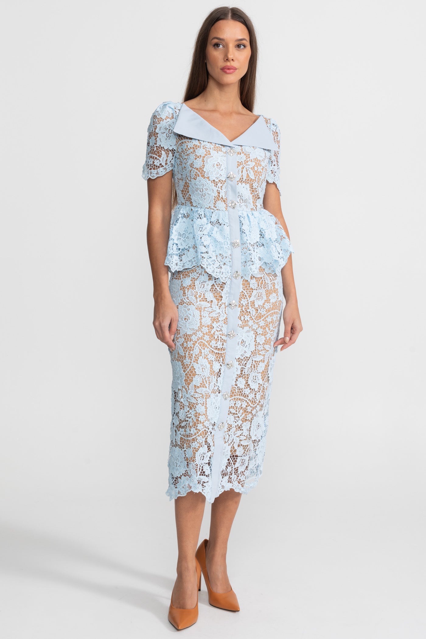Lace Midi Dress with Peplum Waist and Satin Collar - Baby Blue