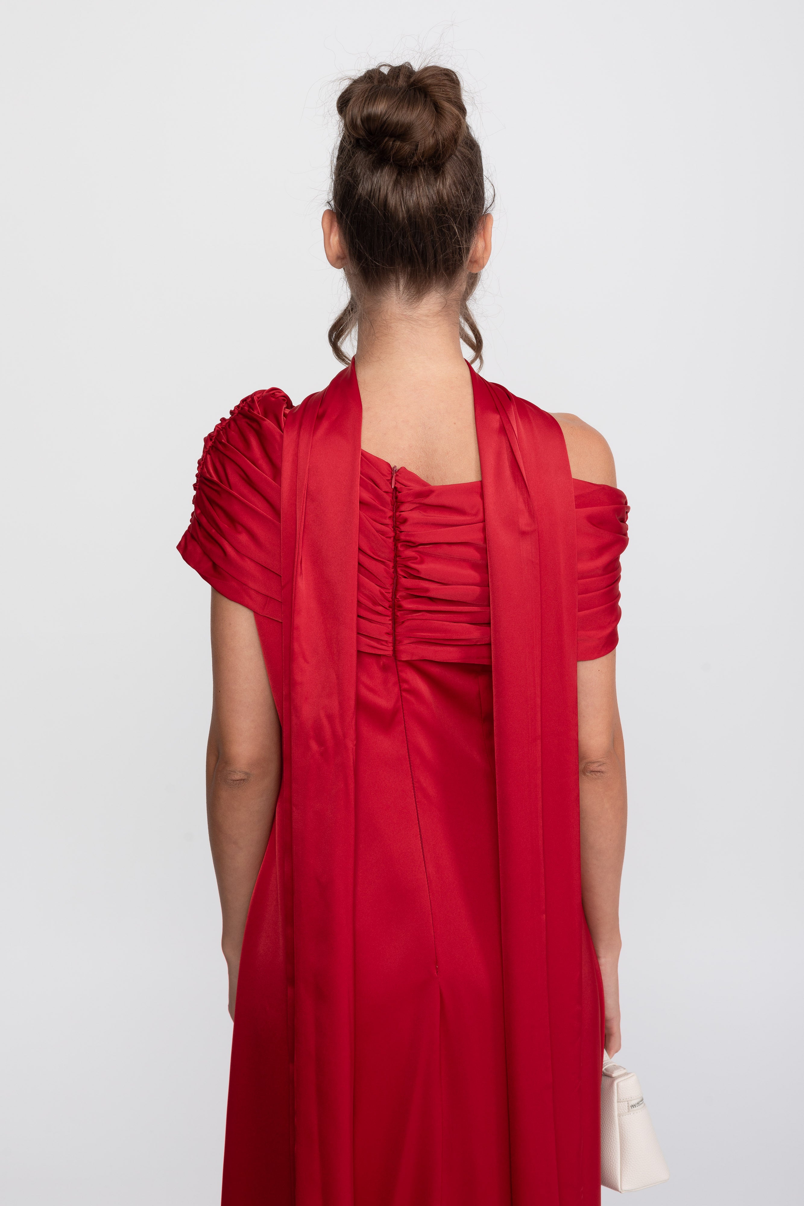 One-Shoulder Draped Satin Gown With Ruched Wrap - Red