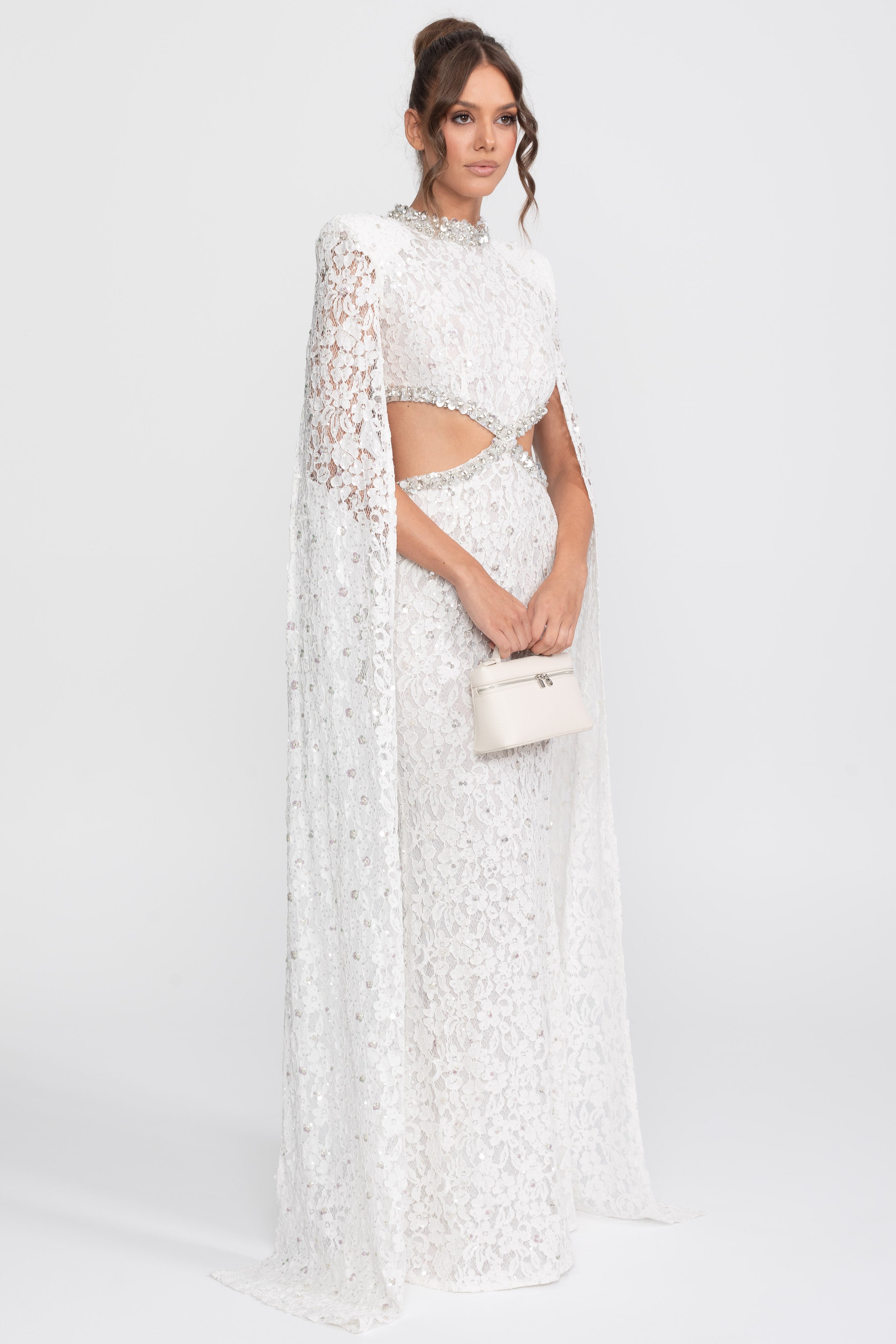 Crystal Cutout Lace Gown With Sequin Embellishments - White