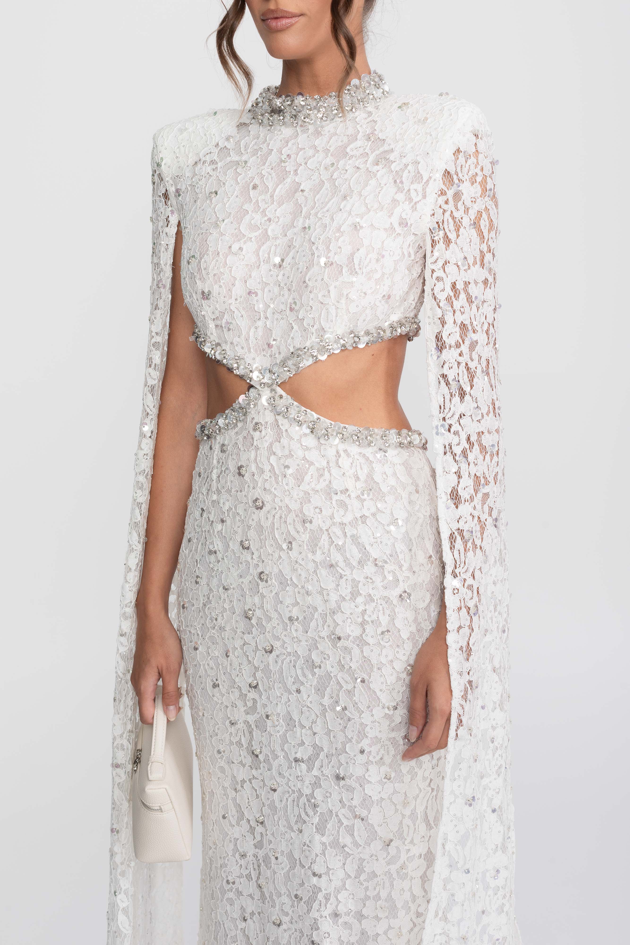 Crystal Cutout Lace Gown With Sequin Embellishments - White