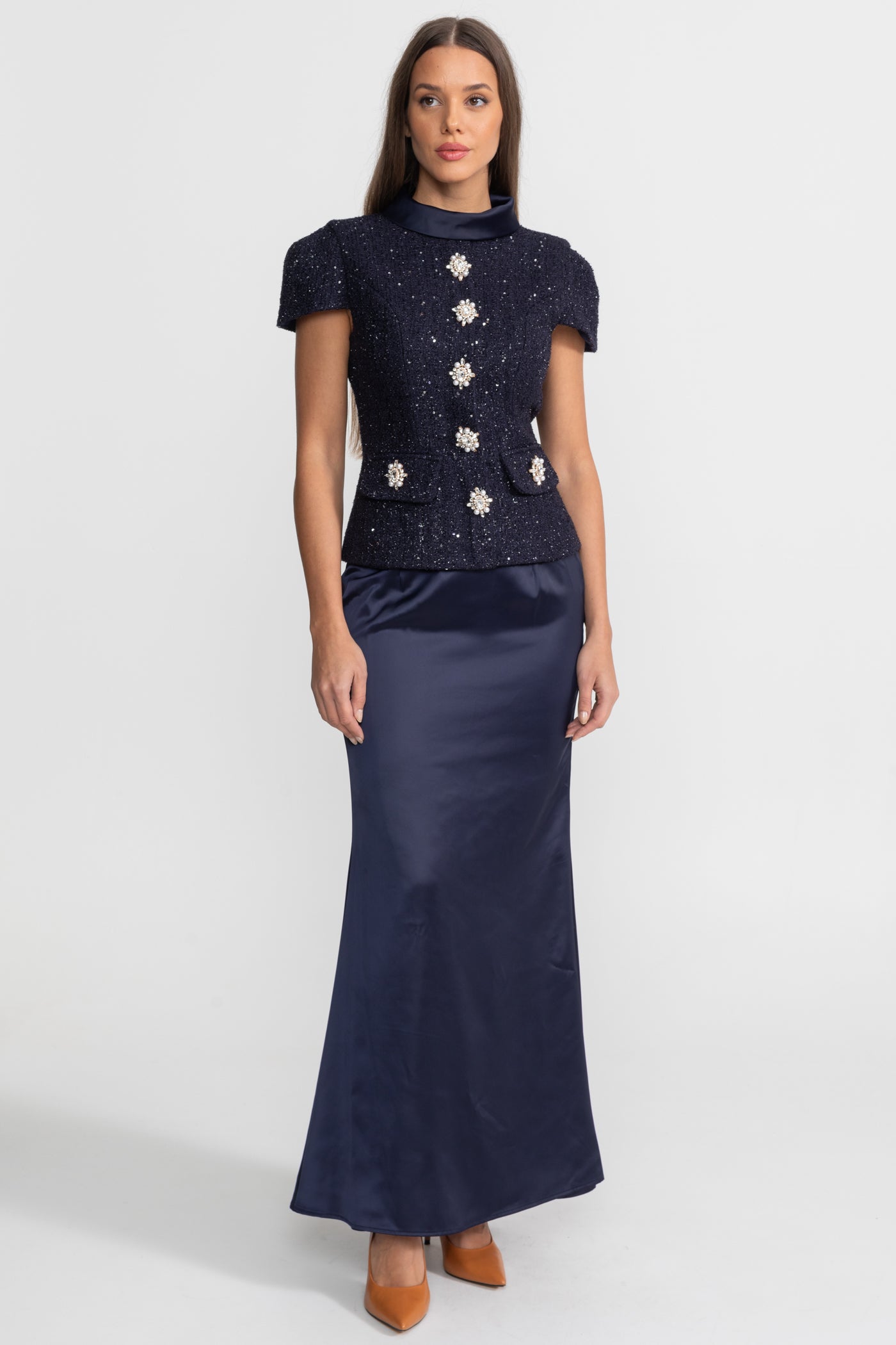 Co-Ord Set with Tweed Embellished Top and Satin Maxi Skirt - Navy