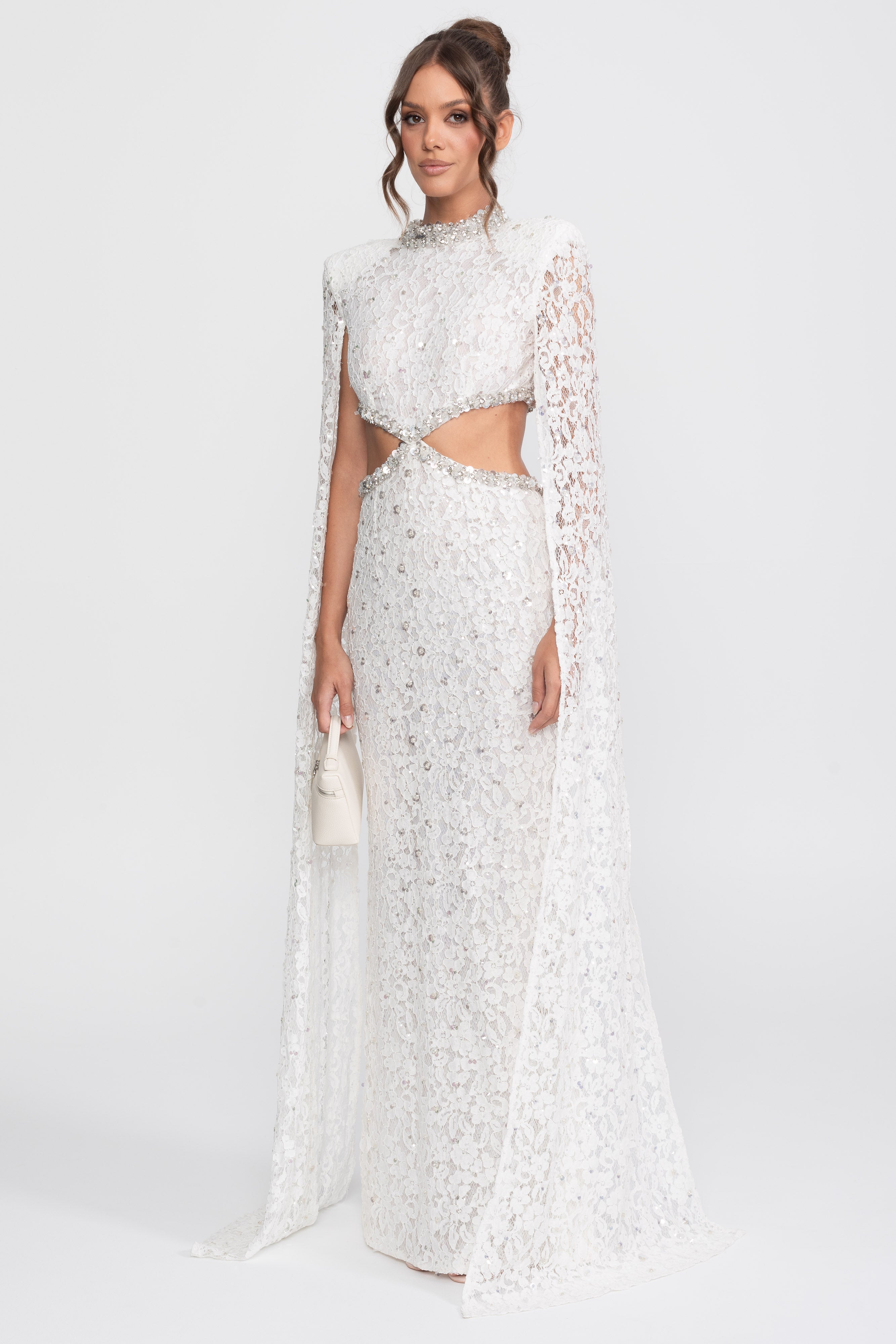 Crystal Cutout Lace Gown With Sequin Embellishments - White