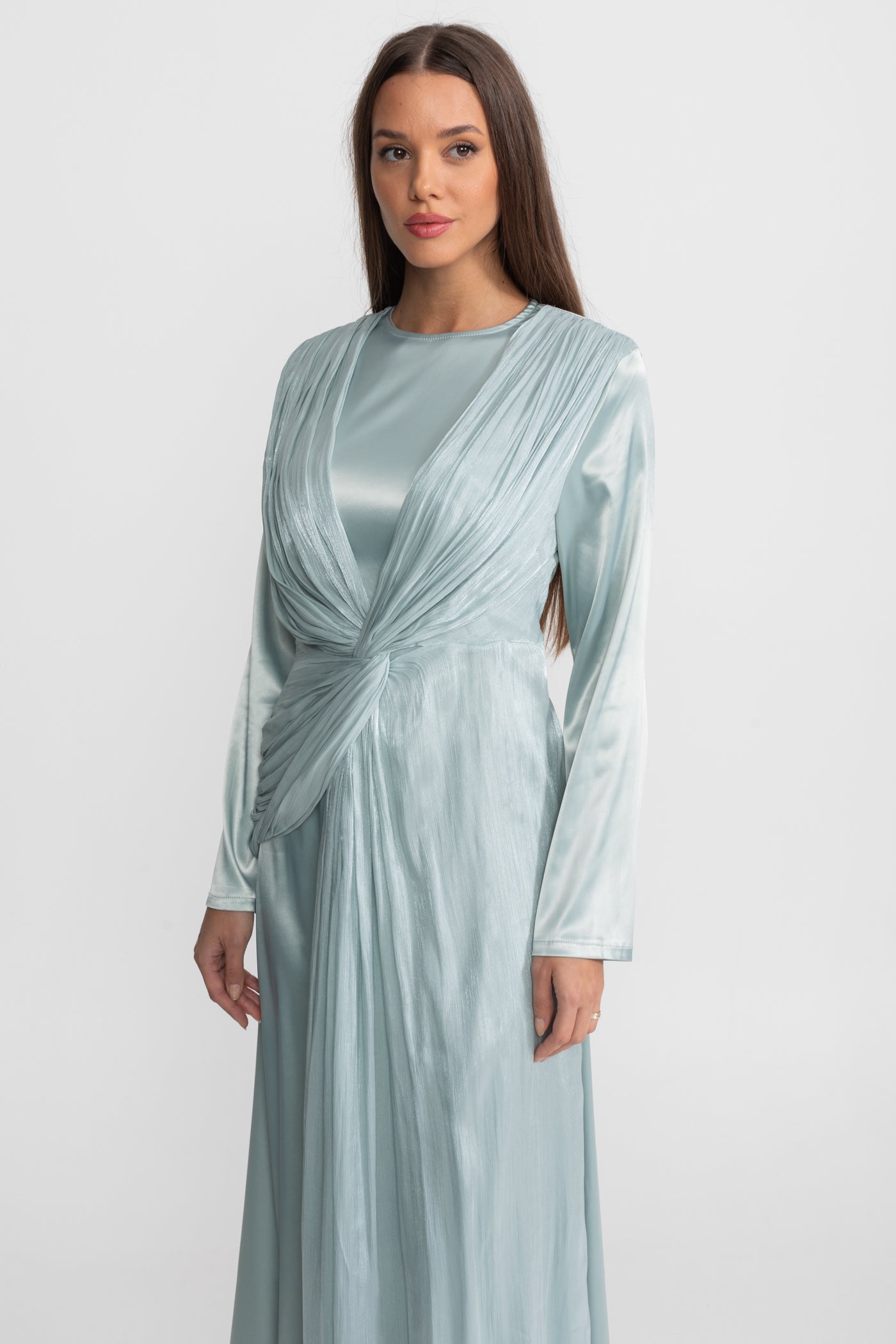 Satin Midi Dress with Draped Overlay and Knot Detail - Teal