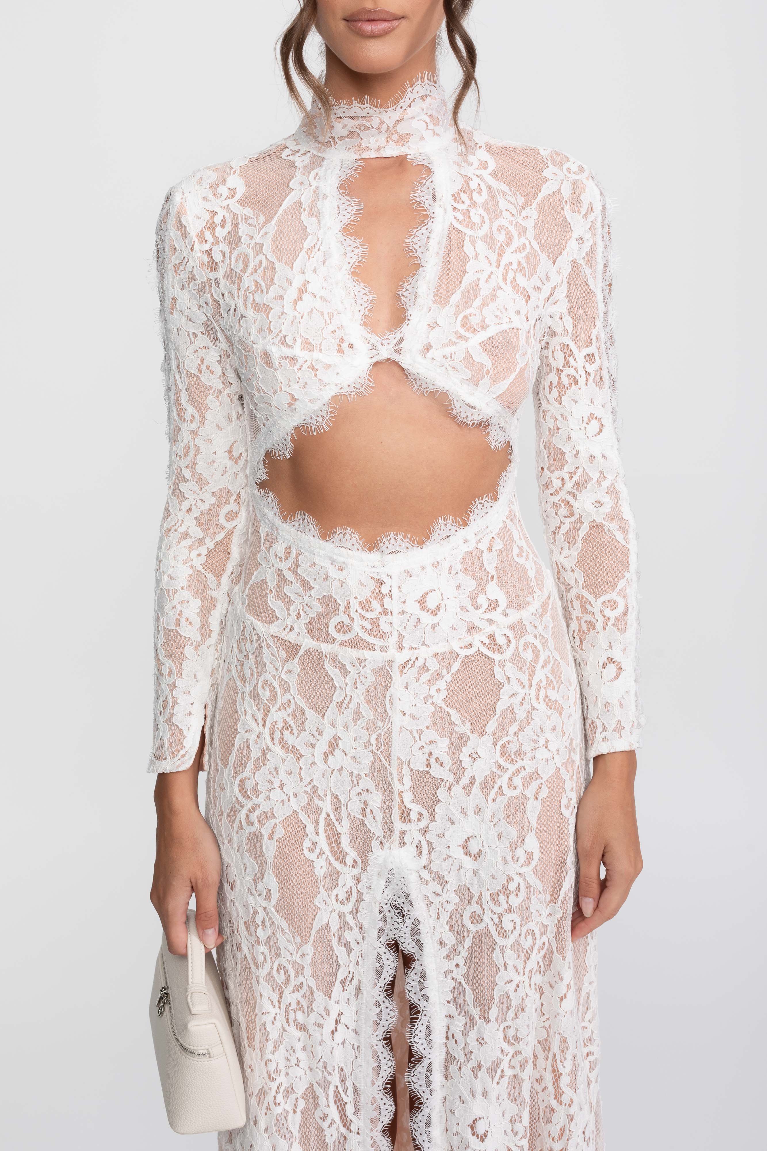 Elegant Lace Gown With High Neck, Front Cutout And Slit - White