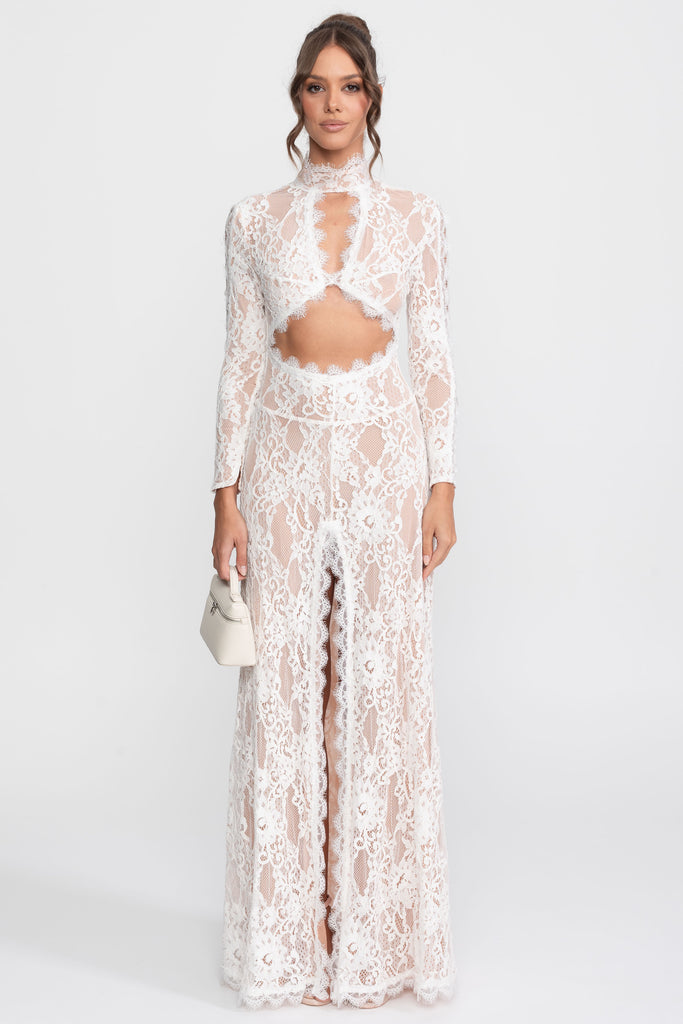 Elegant Lace Gown With High Neck, Front Cutout And Slit - White