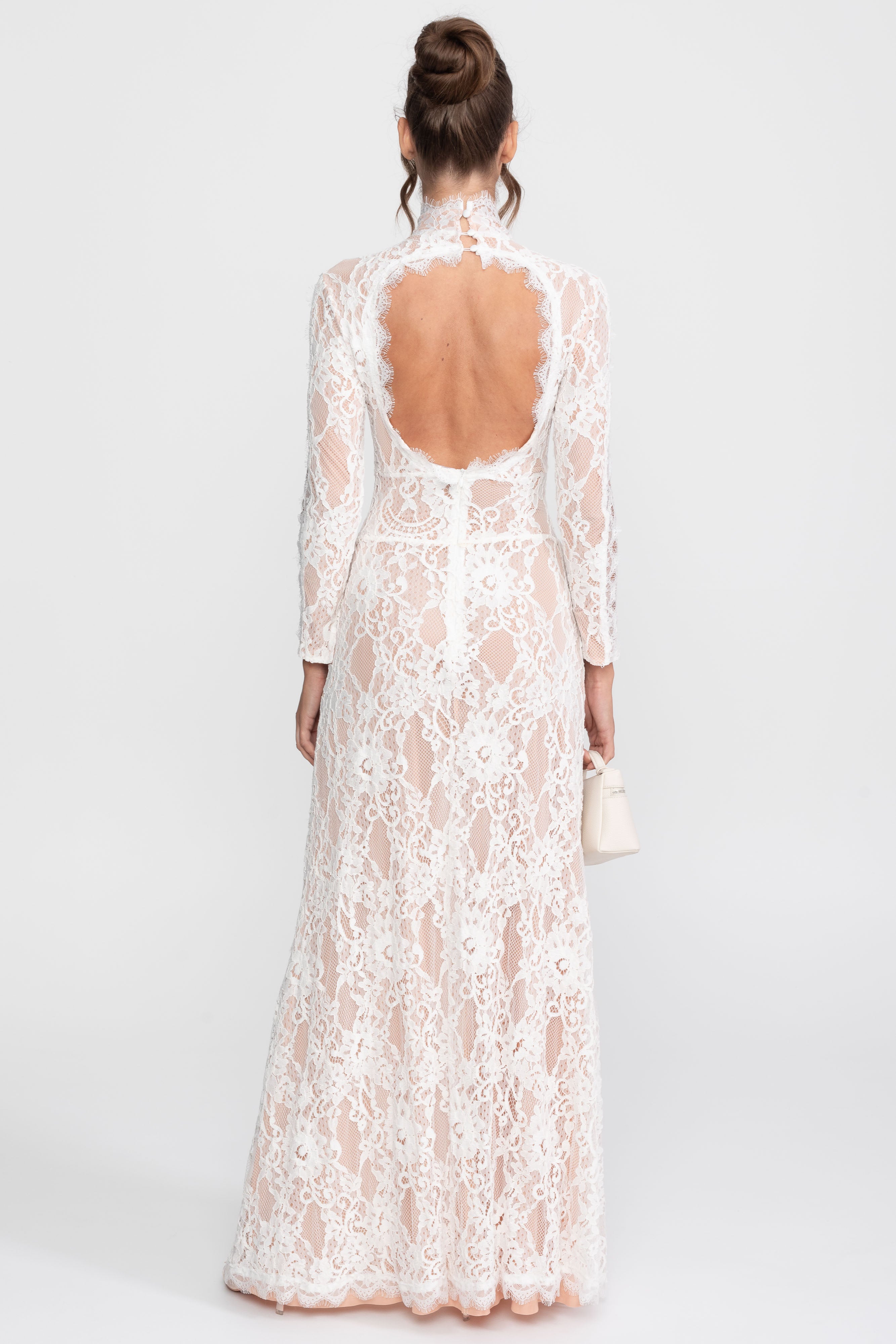 Elegant Lace Gown With High Neck, Front Cutout And Slit - White