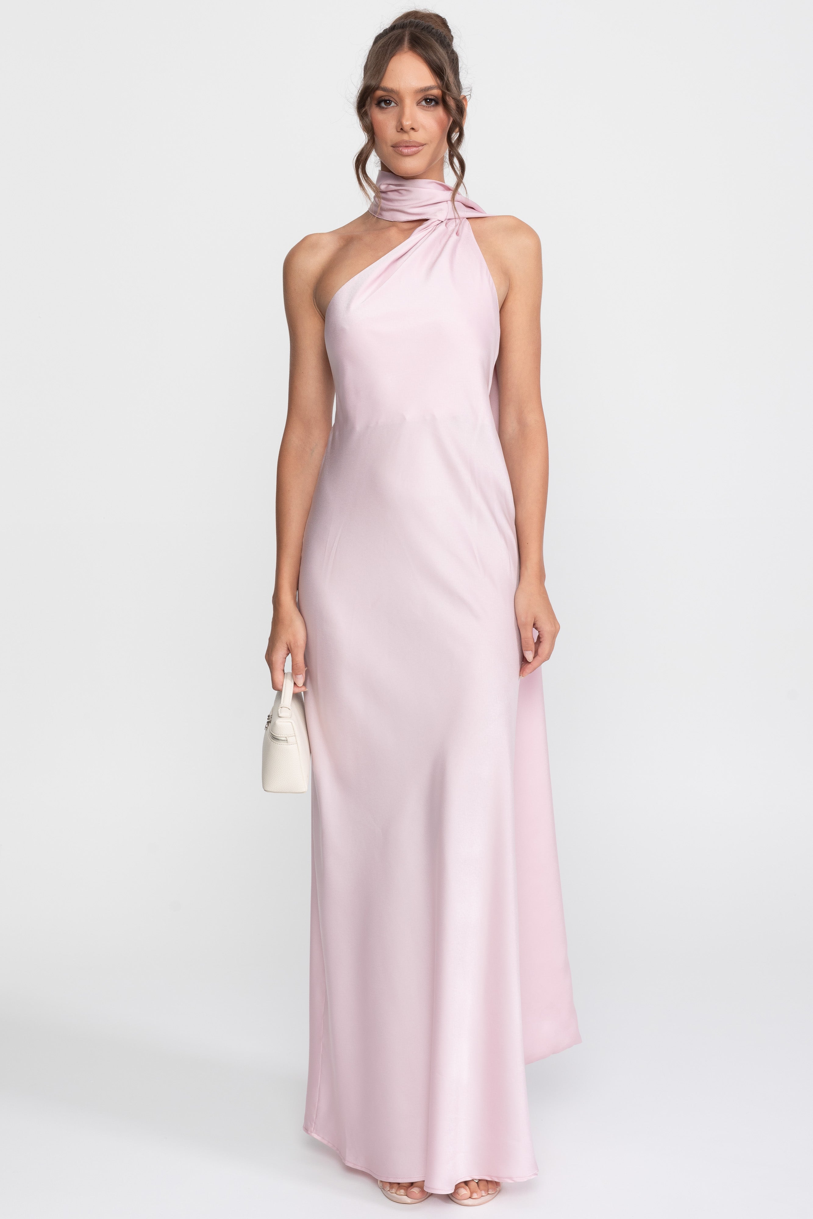 Twist Halter Satin Slip Dress With Asymmetric Neckline - Pink