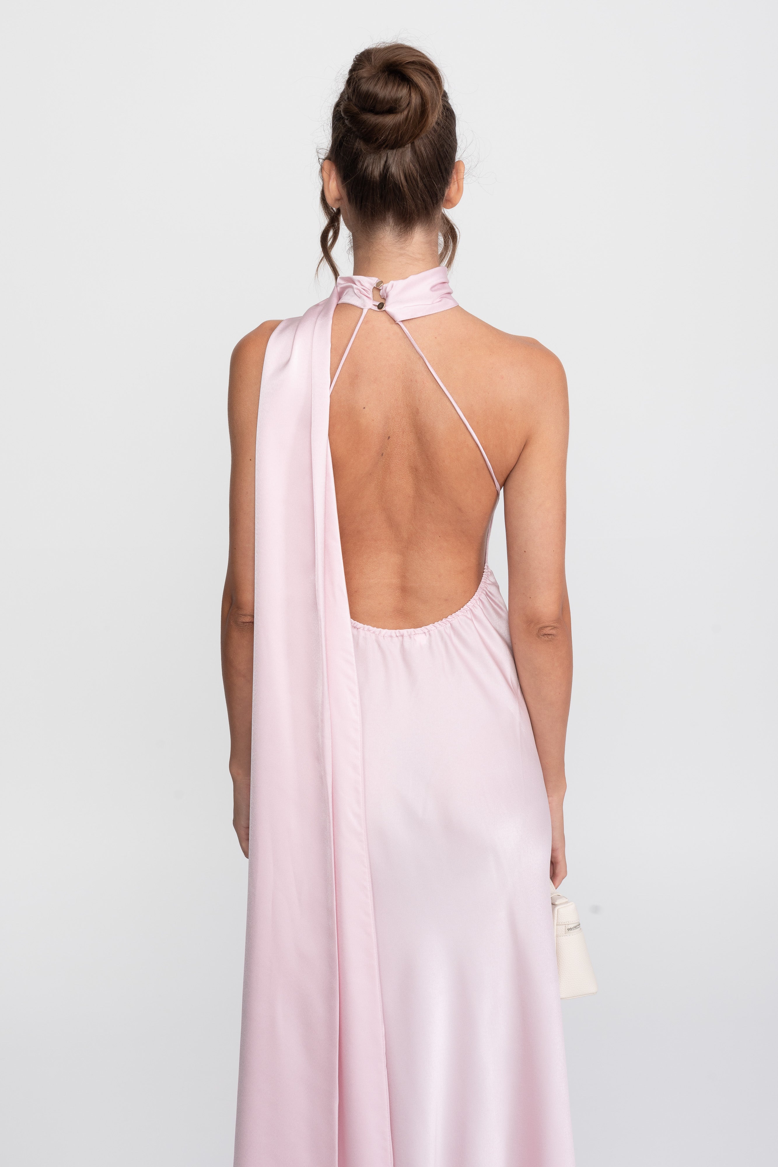 Twist Halter Satin Slip Dress With Asymmetric Neckline - Pink