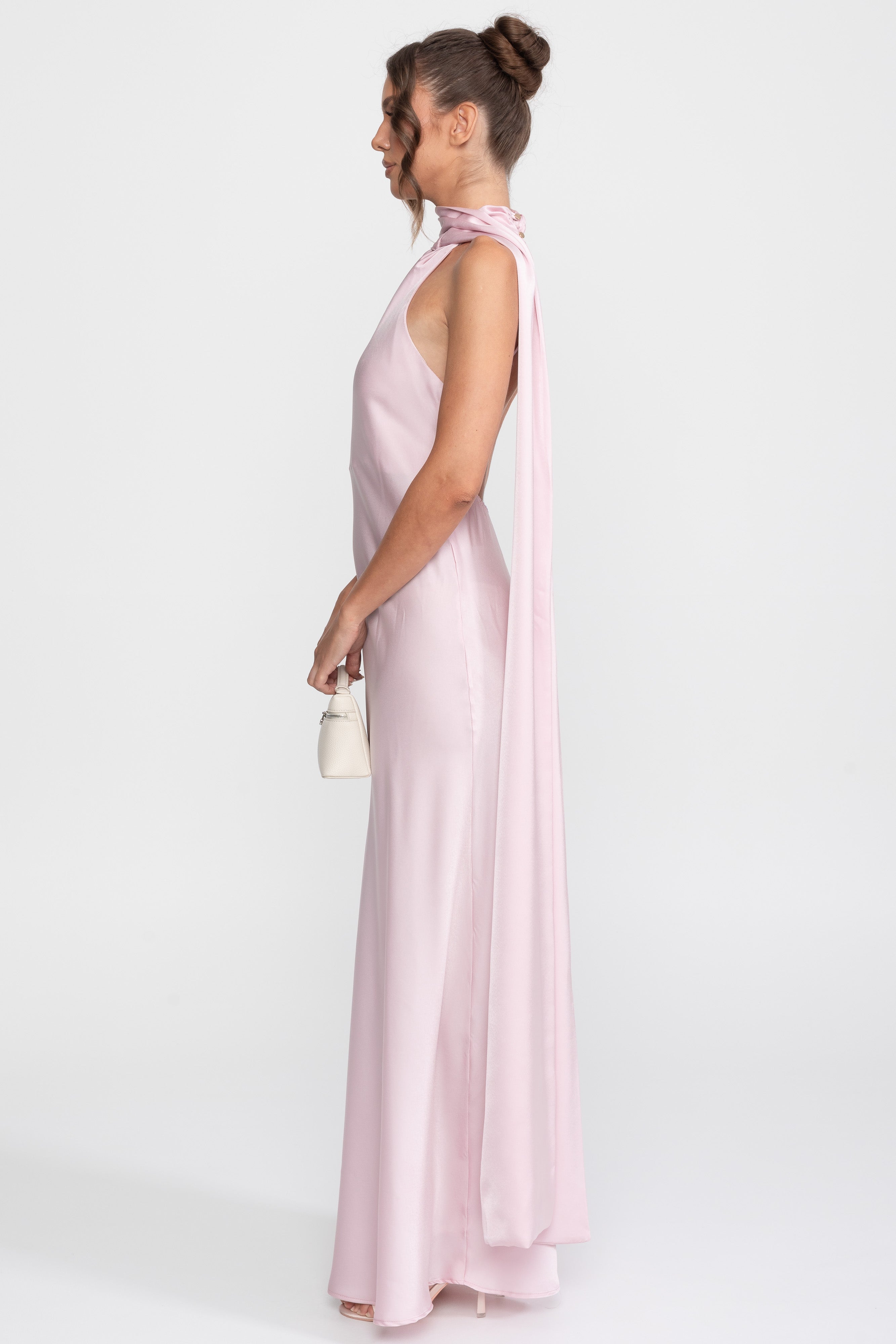 Twist Halter Satin Slip Dress With Asymmetric Neckline - Pink