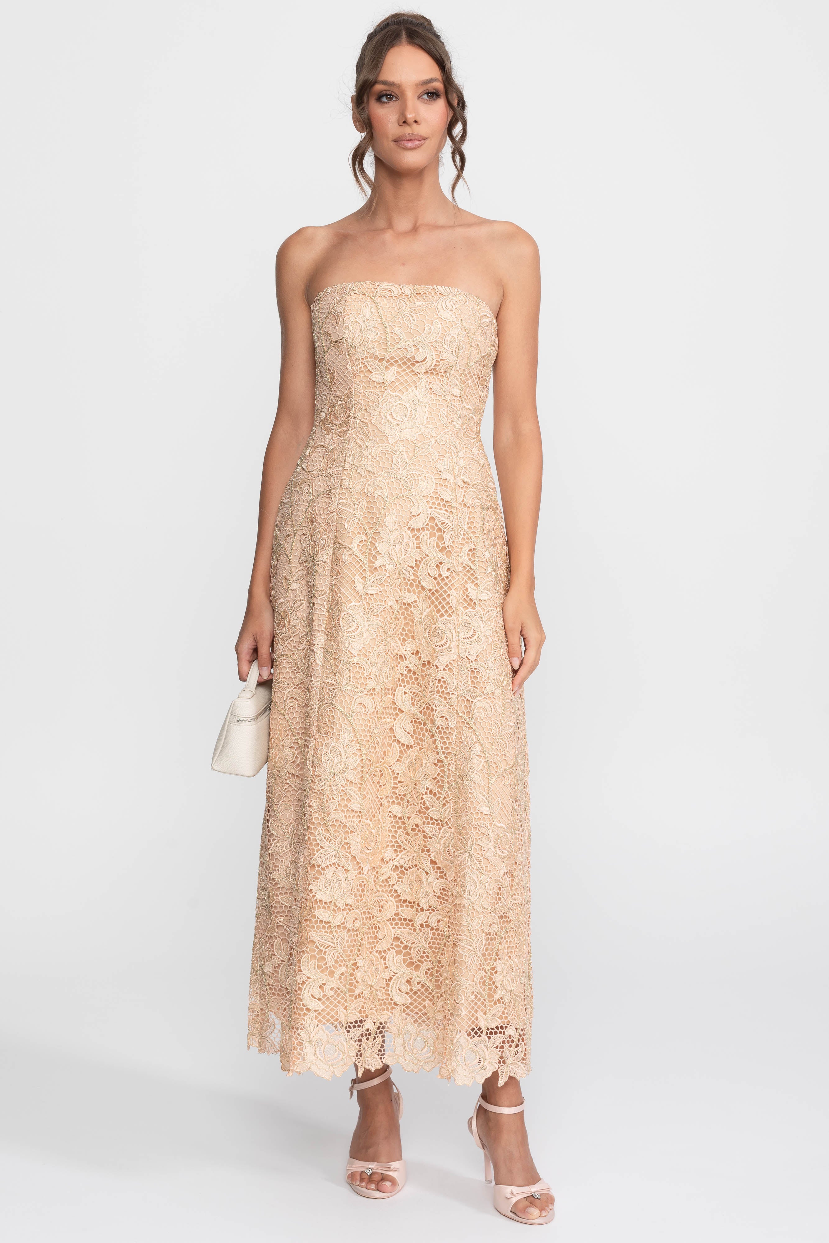 Strapless Floral Lace Ballgown With Full A-Line Skirt - Gold