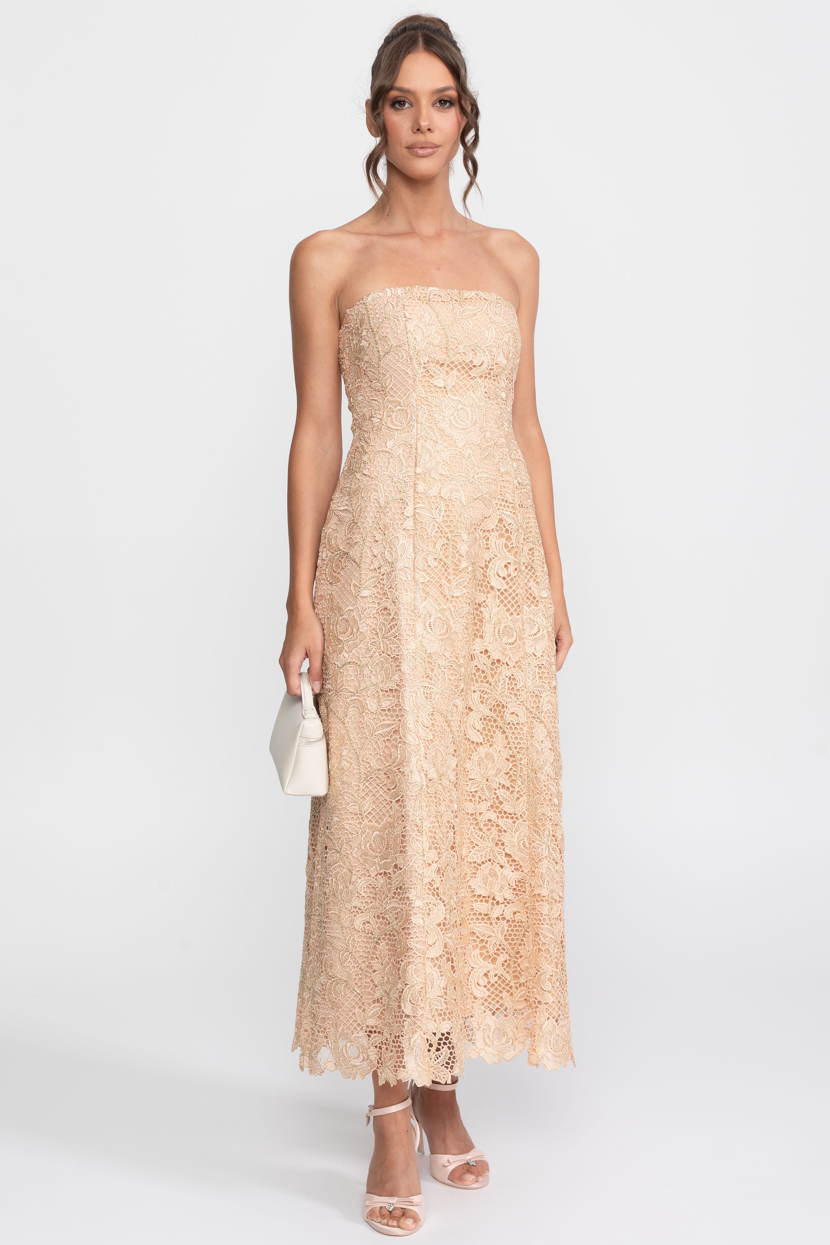 Strapless Floral Lace Ballgown With Full A-Line Skirt - Gold