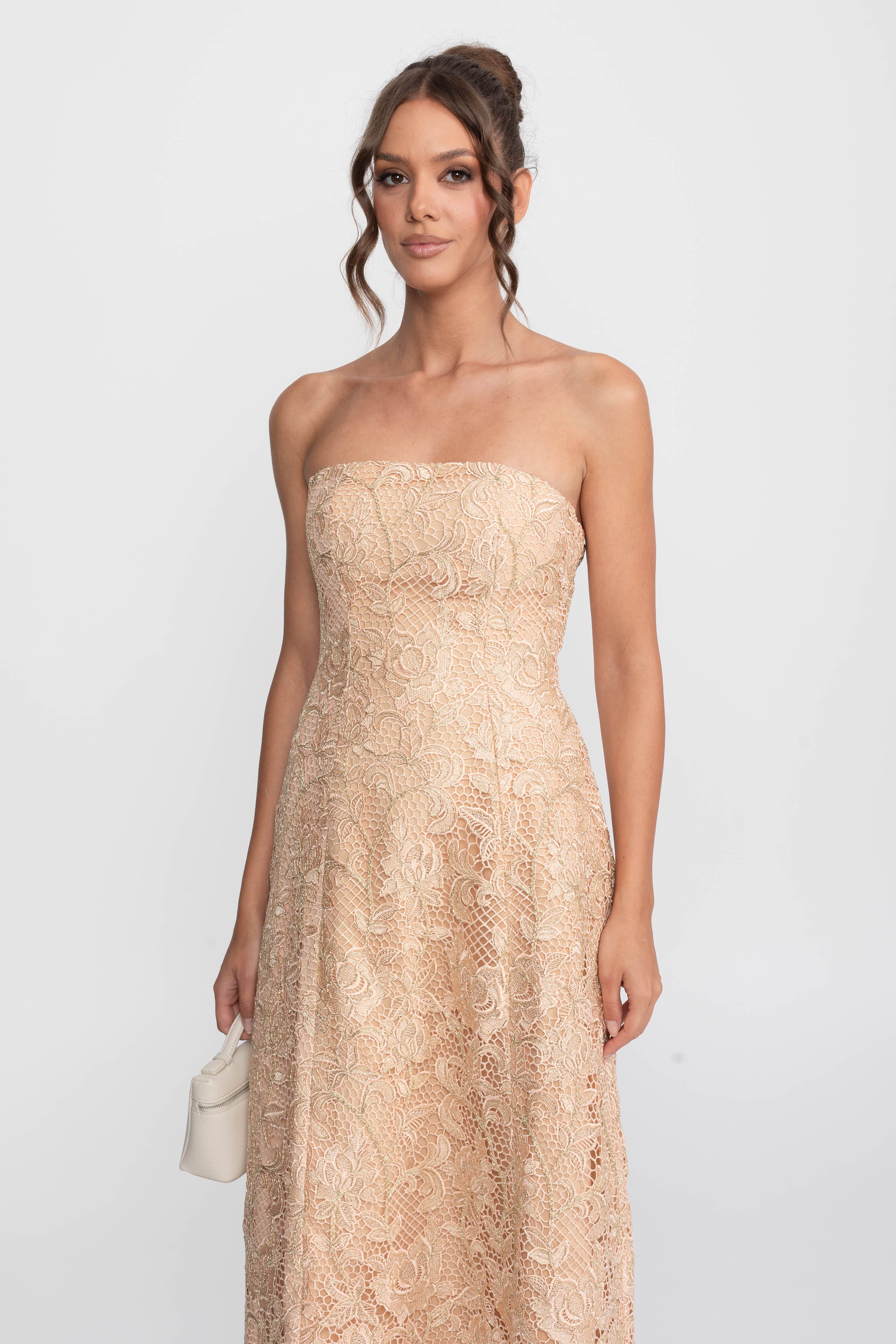 Strapless Floral Lace Ballgown With Full A-Line Skirt - Gold