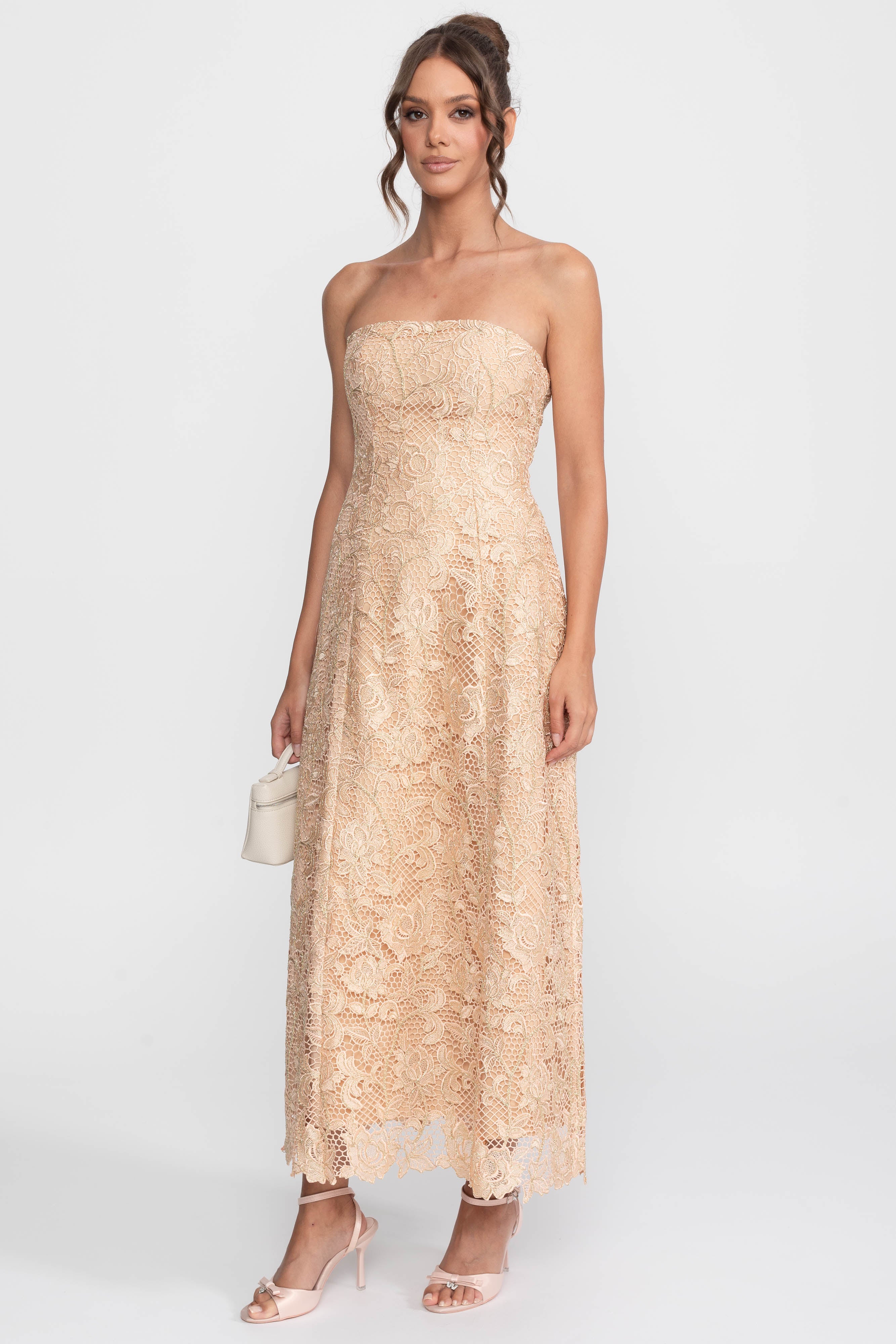 Strapless Floral Lace Ballgown With Full A-Line Skirt - Gold