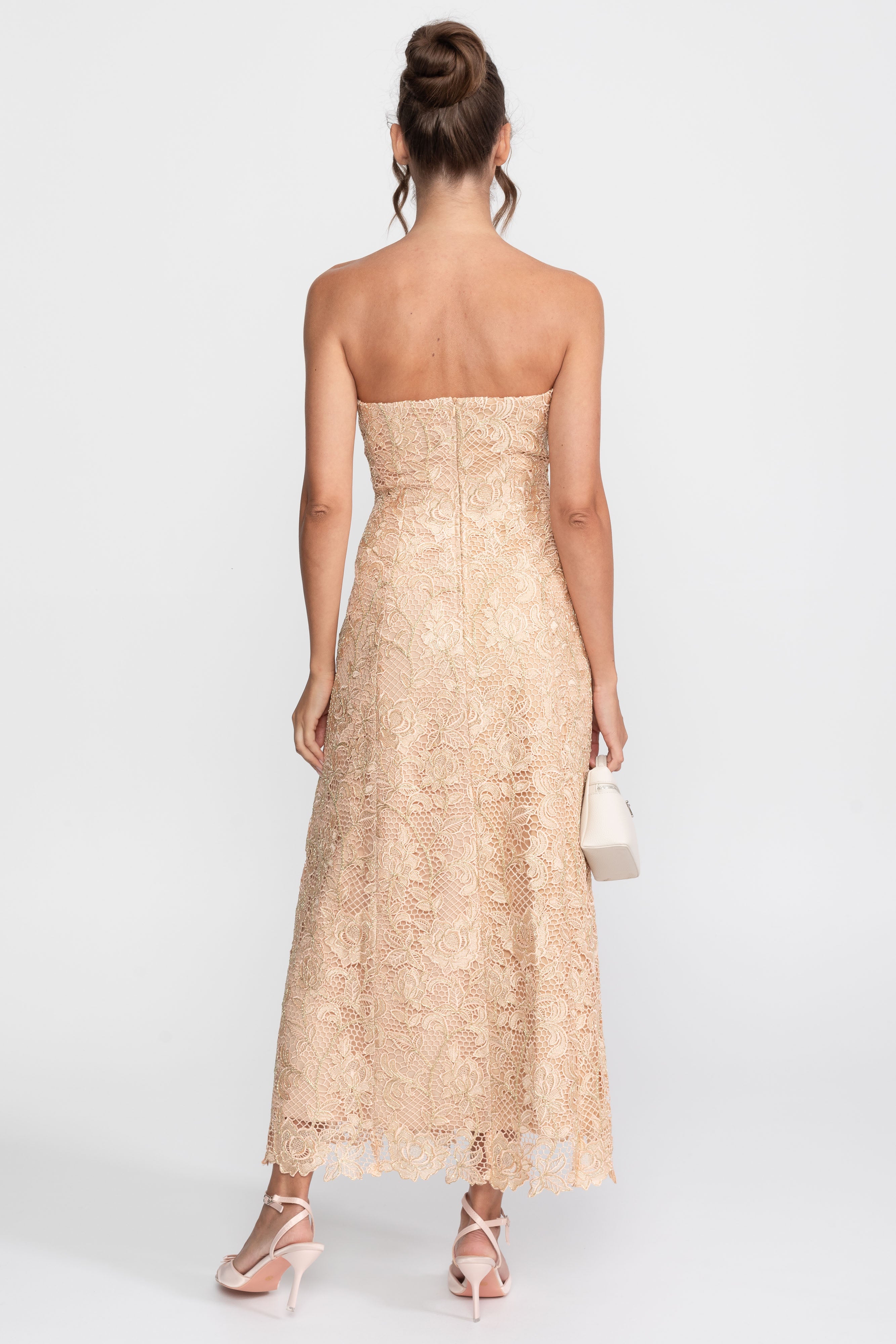 Strapless Floral Lace Ballgown With Full A-Line Skirt - Gold