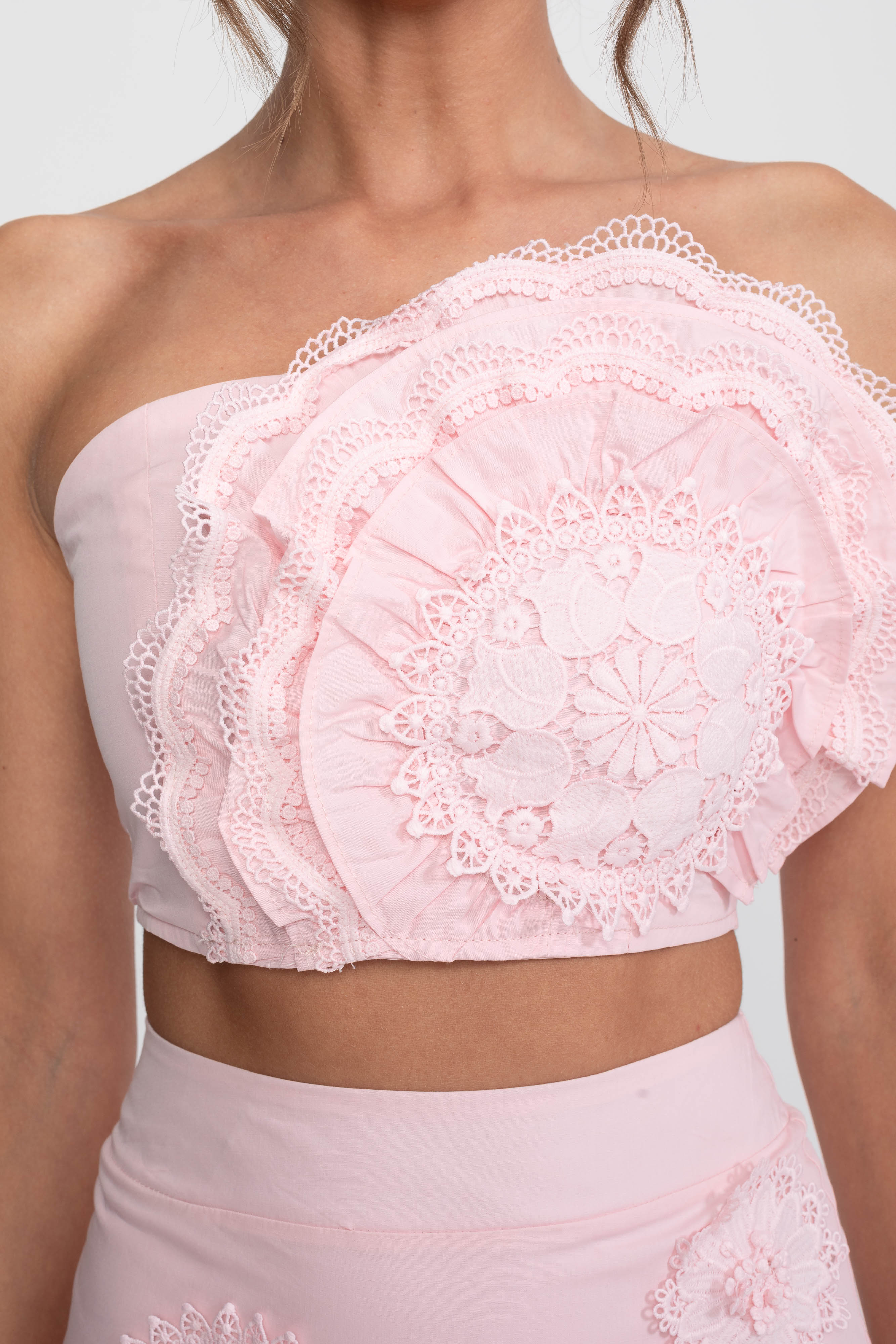 Crochet Medallion Two-Piece Set With Ruffled Maxi Skirt - Pink