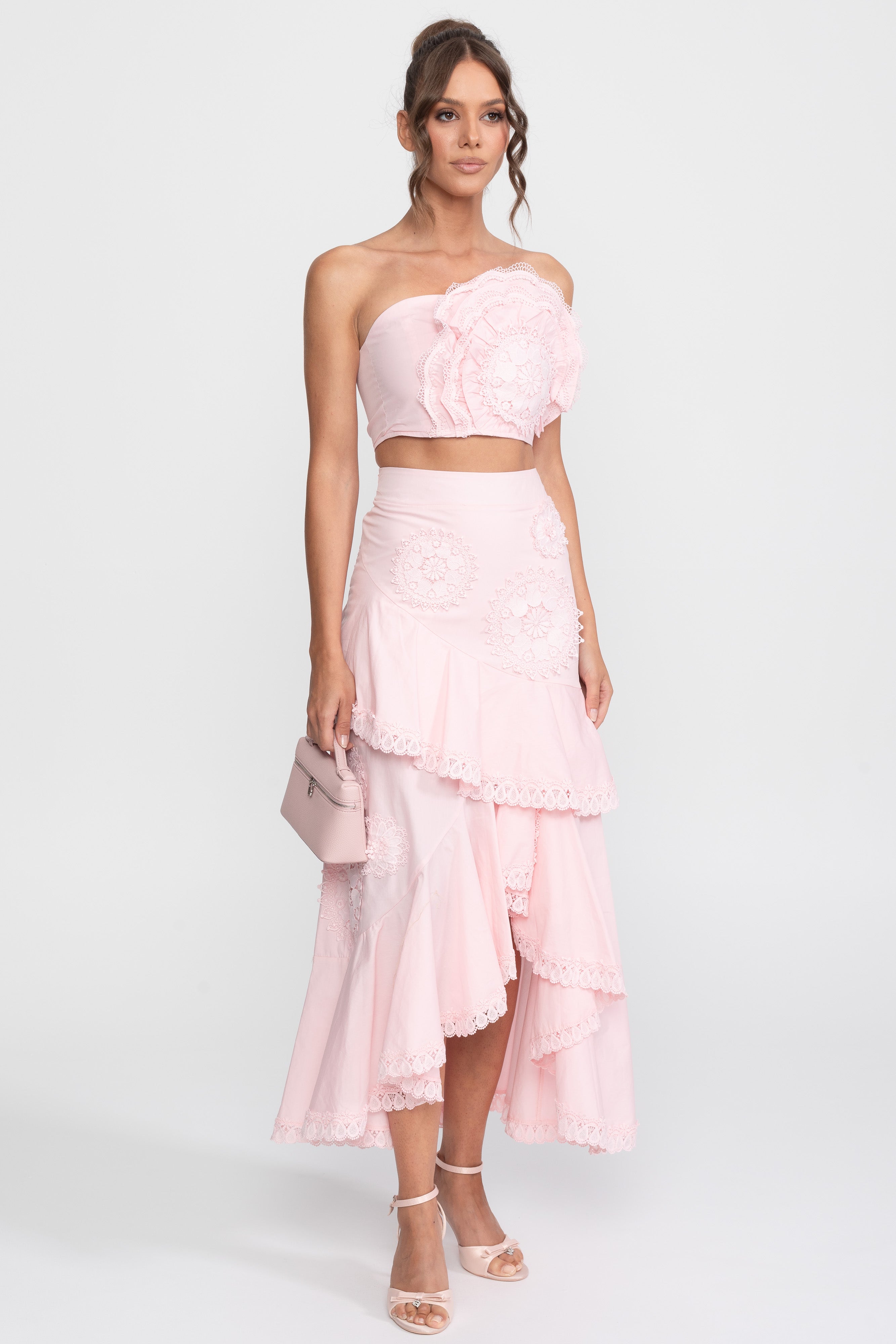 Crochet Medallion Two-Piece Set With Ruffled Maxi Skirt - Pink