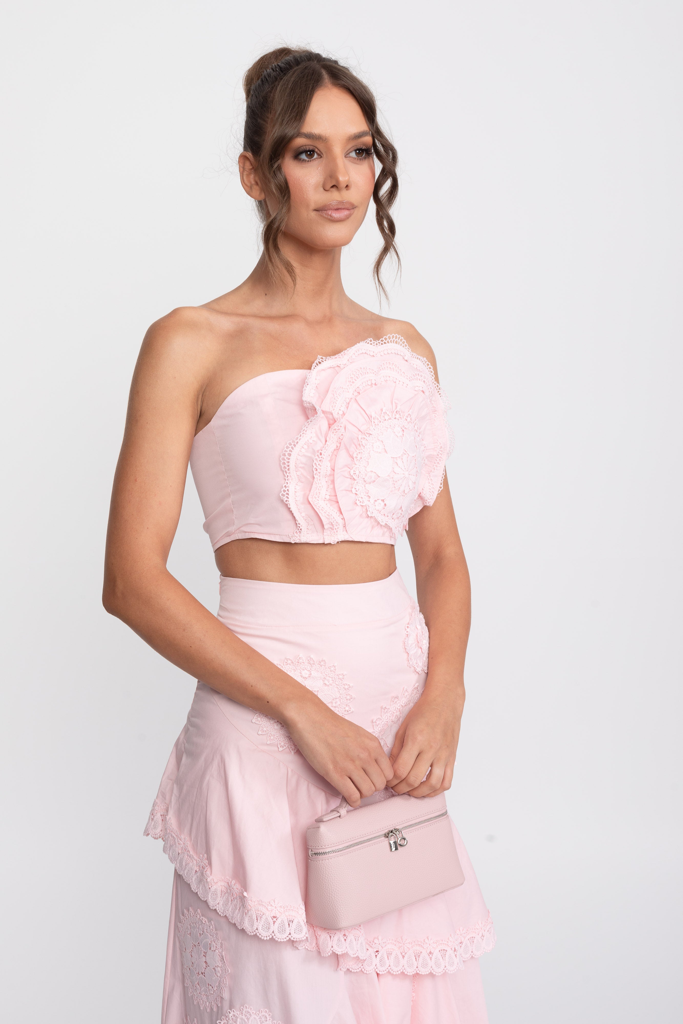 Crochet Medallion Two-Piece Set With Ruffled Maxi Skirt - Pink