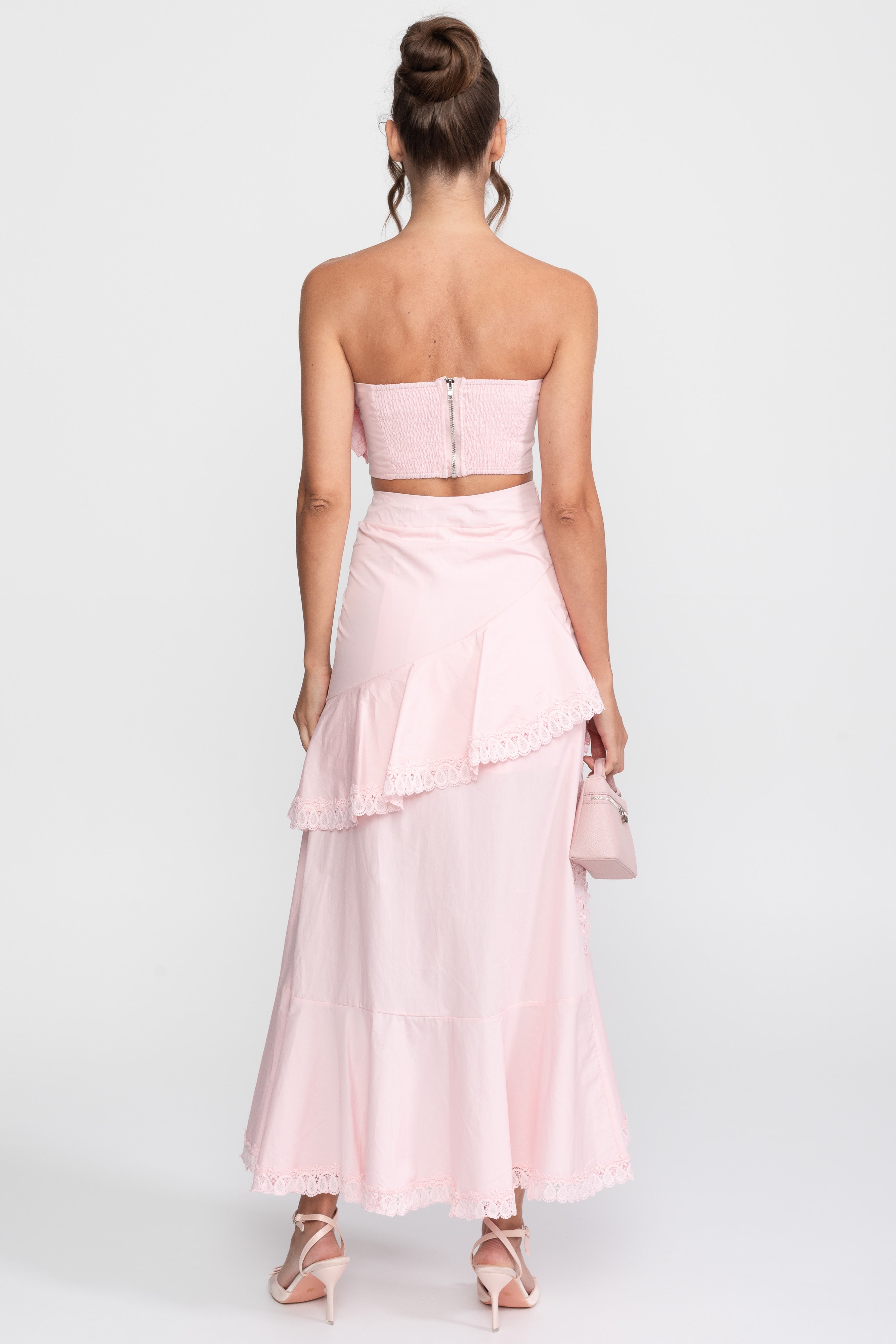 Crochet Medallion Two-Piece Set With Ruffled Maxi Skirt - Pink