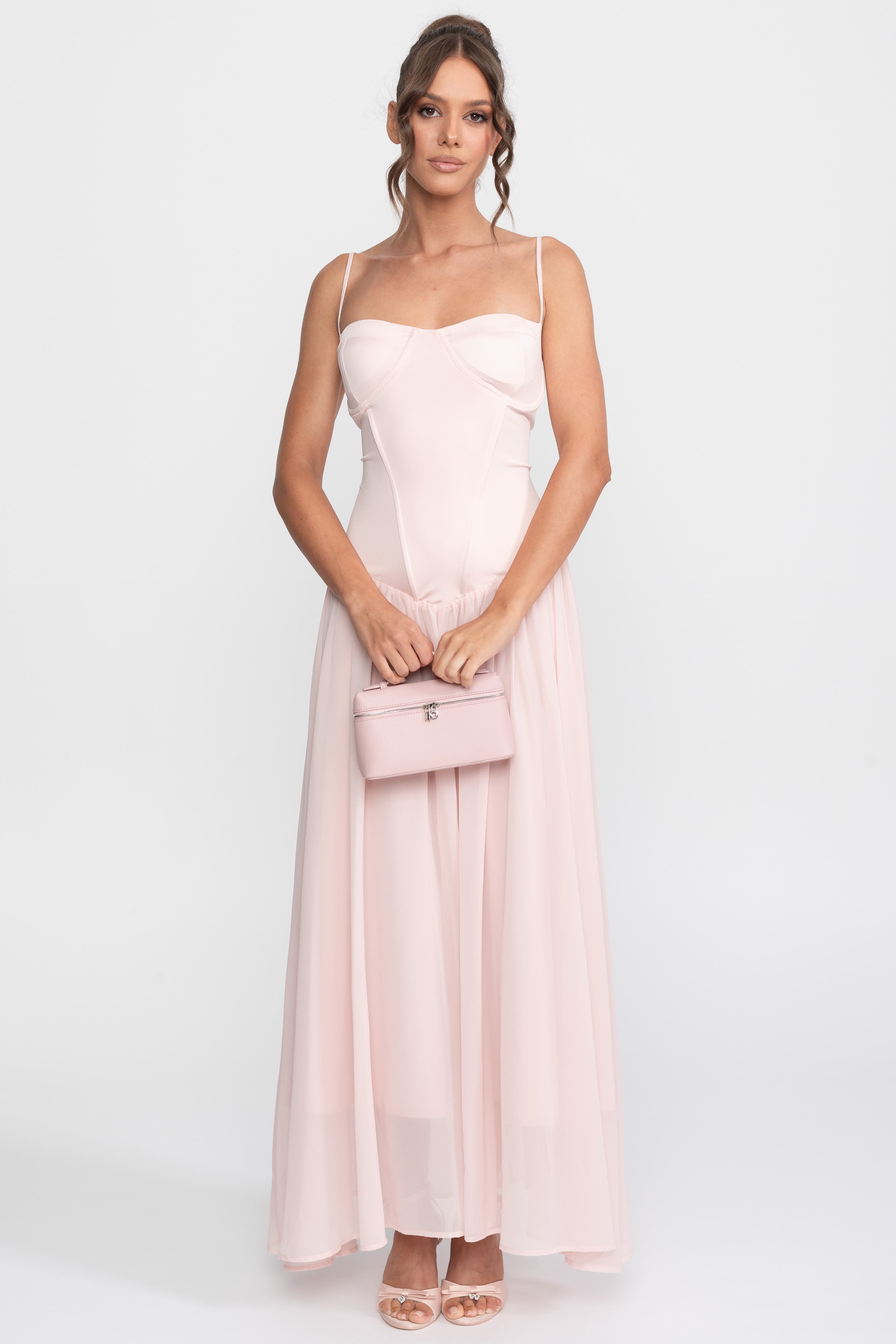 Corset Bodice Chiffon Gown With Dropped Waist - Pink