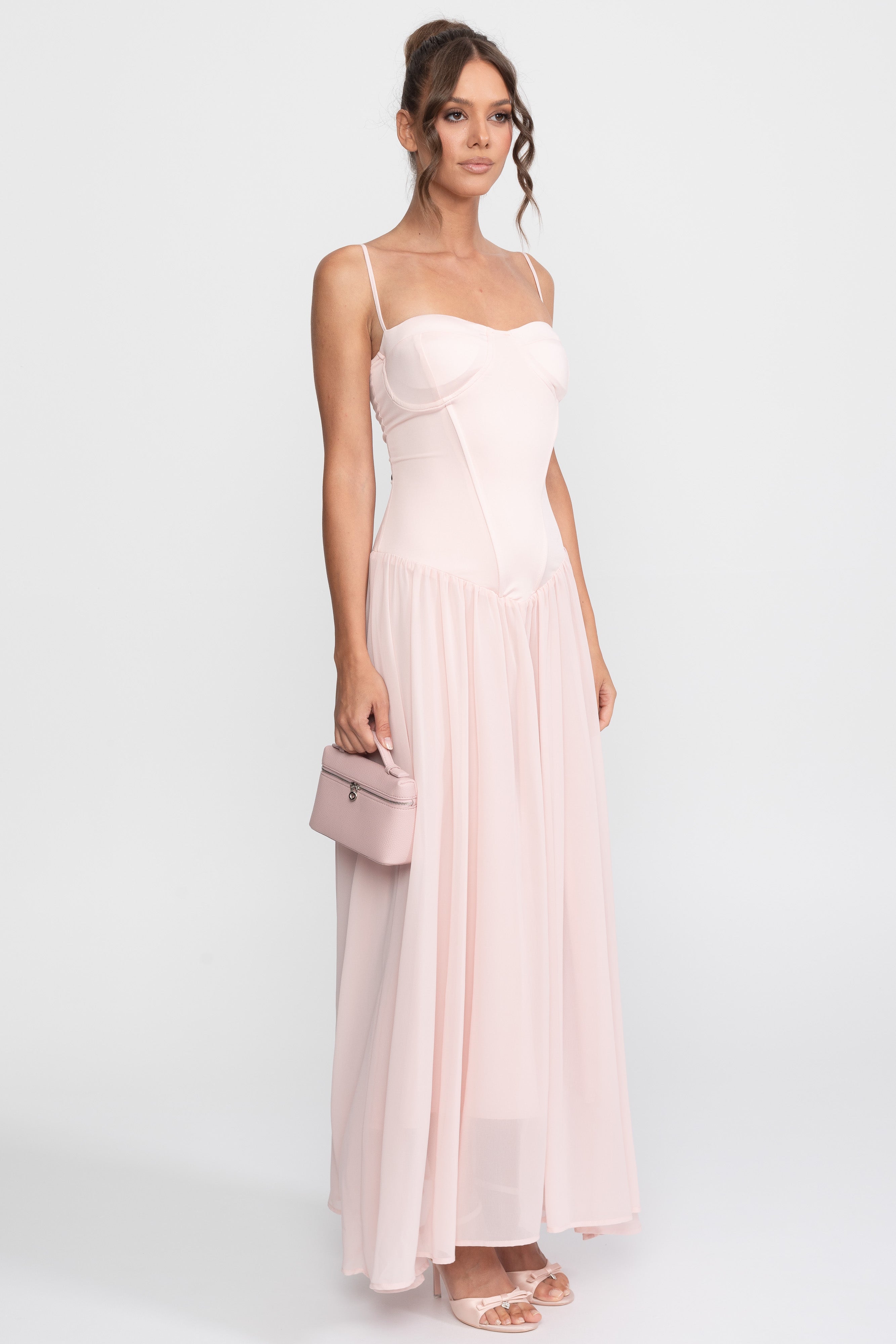 Corset Bodice Chiffon Gown With Dropped Waist - Pink