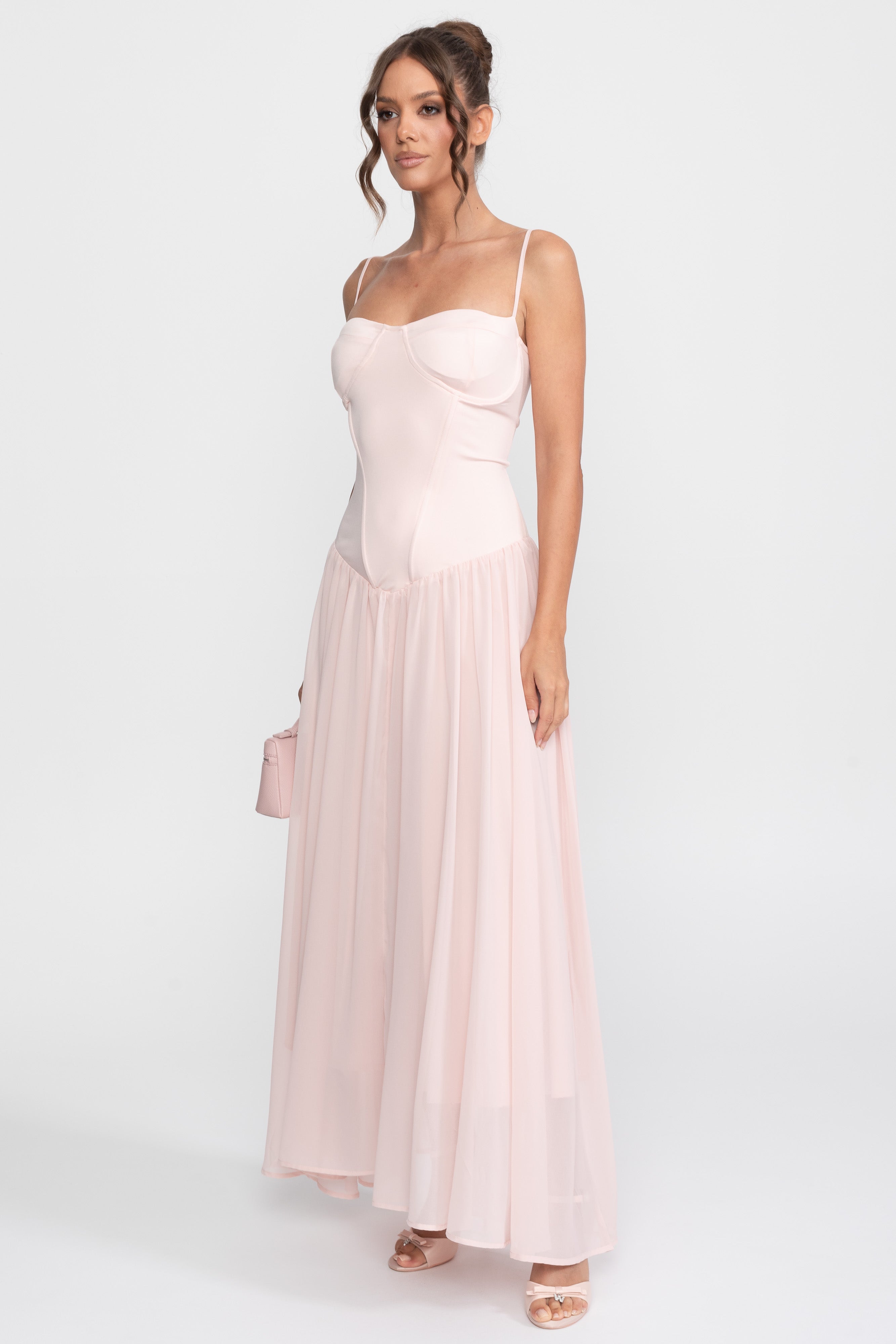 Corset Bodice Chiffon Gown With Dropped Waist - Pink
