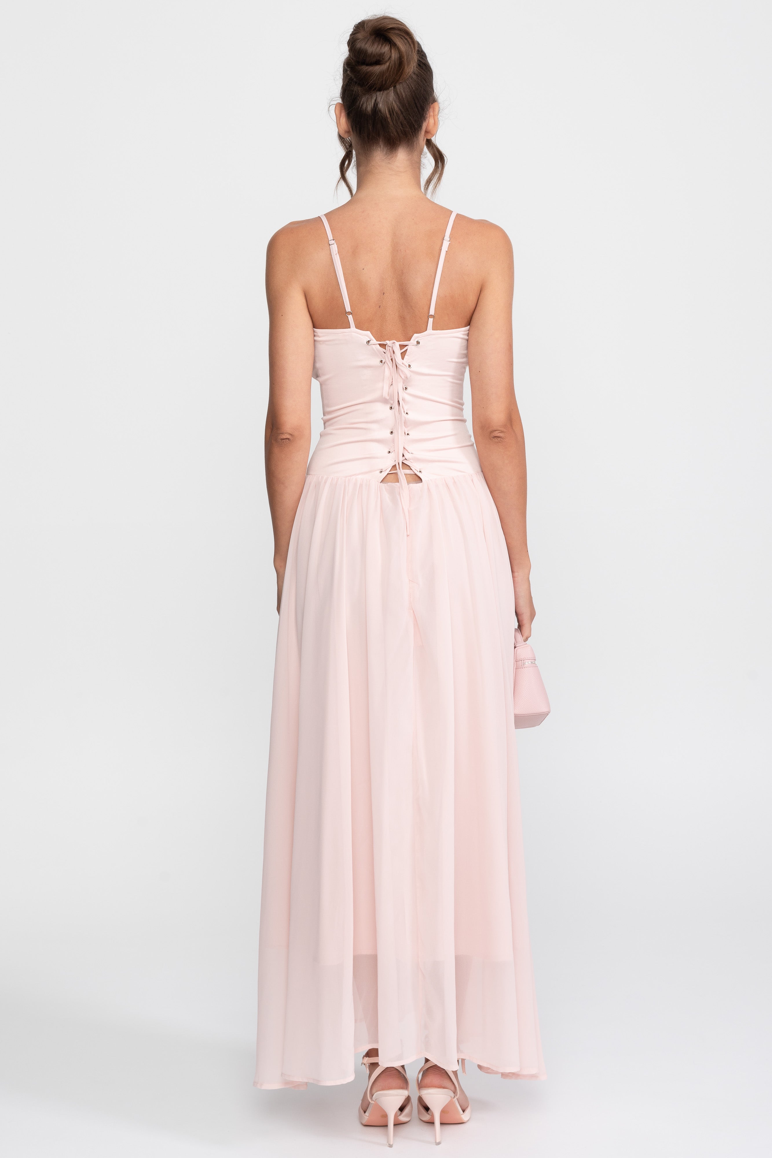 Corset Bodice Chiffon Gown With Dropped Waist - Pink