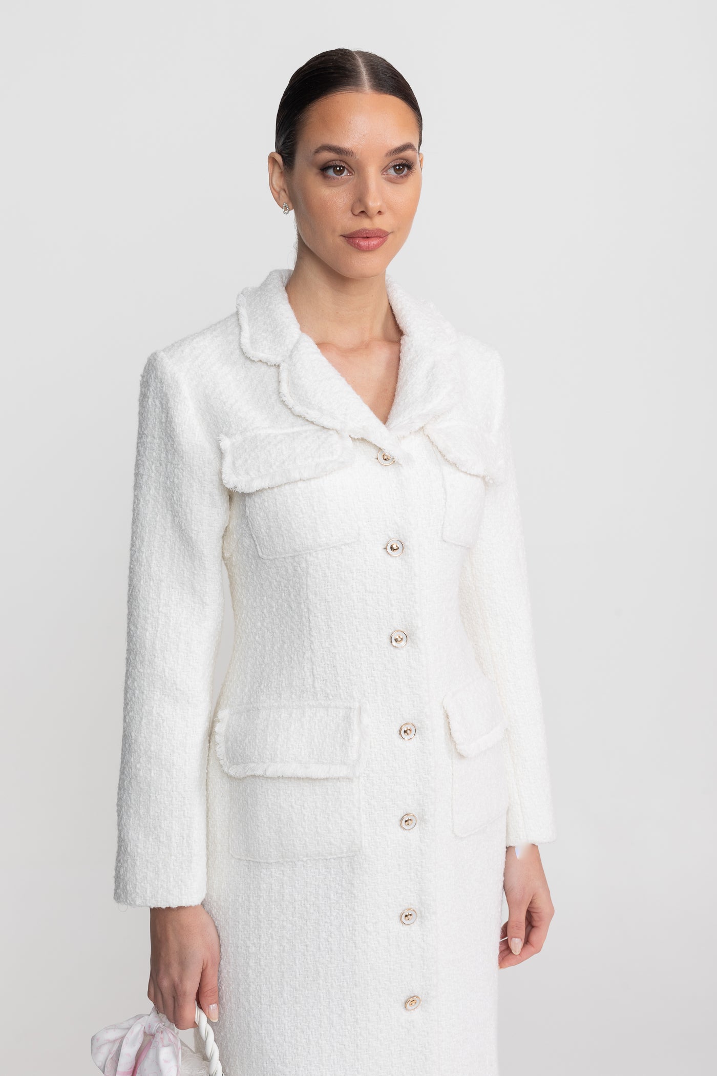 Bouclé Coat With Notched Collar And Button-Through Front - White