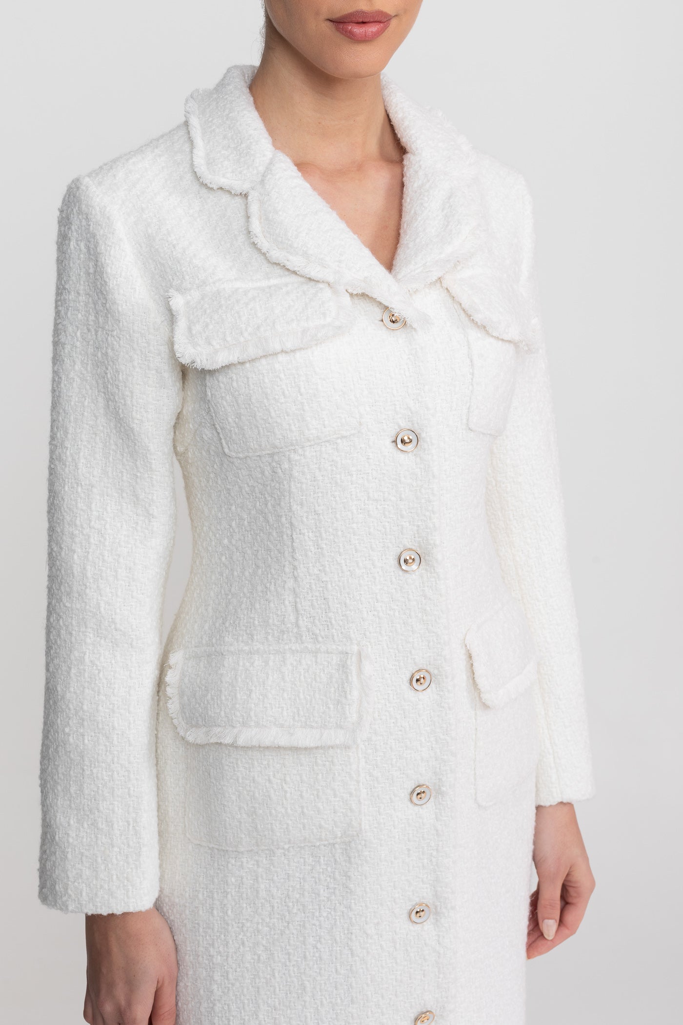 Bouclé Coat With Notched Collar And Button-Through Front - White