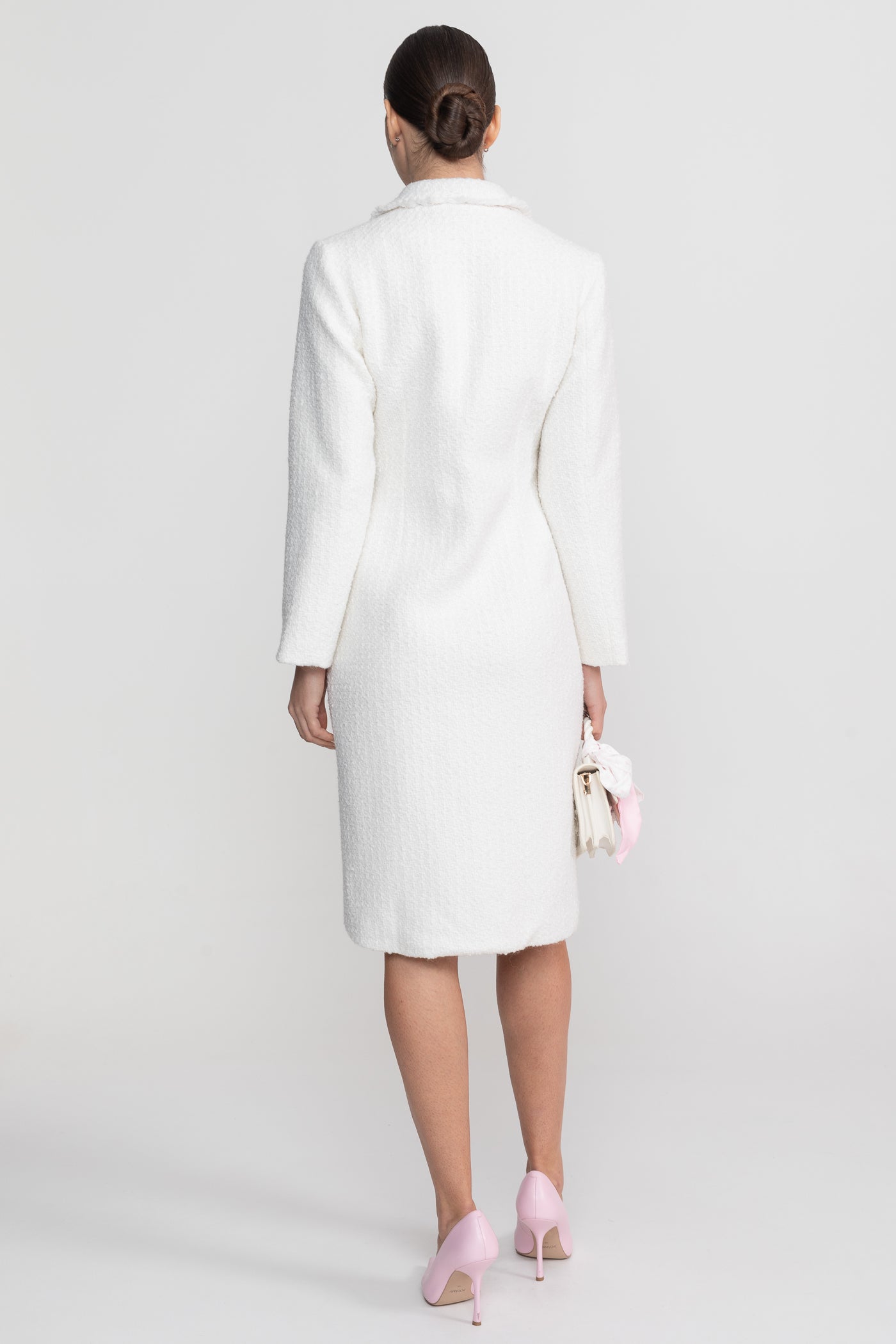 Bouclé Coat With Notched Collar And Button-Through Front - White