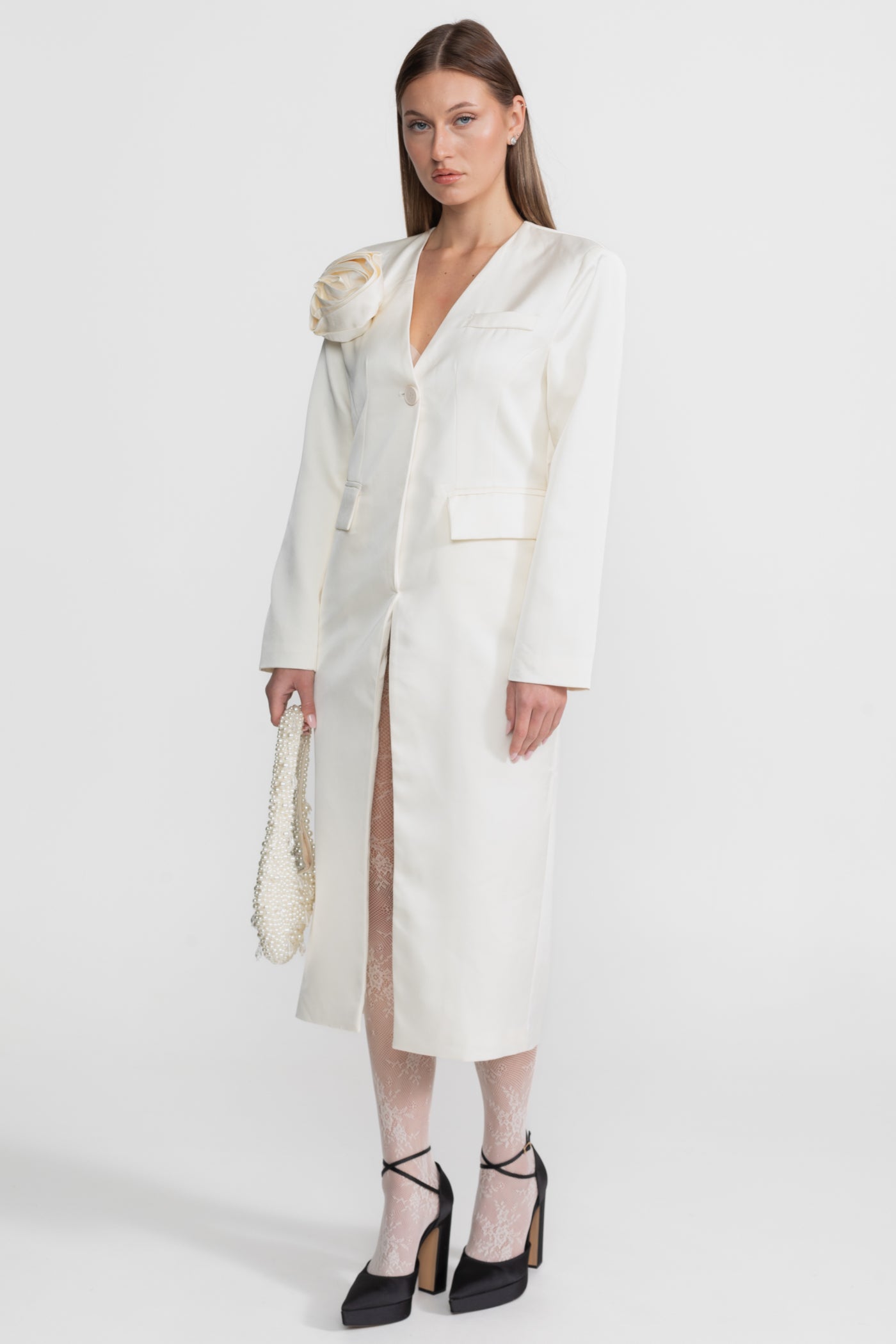 Satin Rose Embellished Blazer Dress – Ivoire
