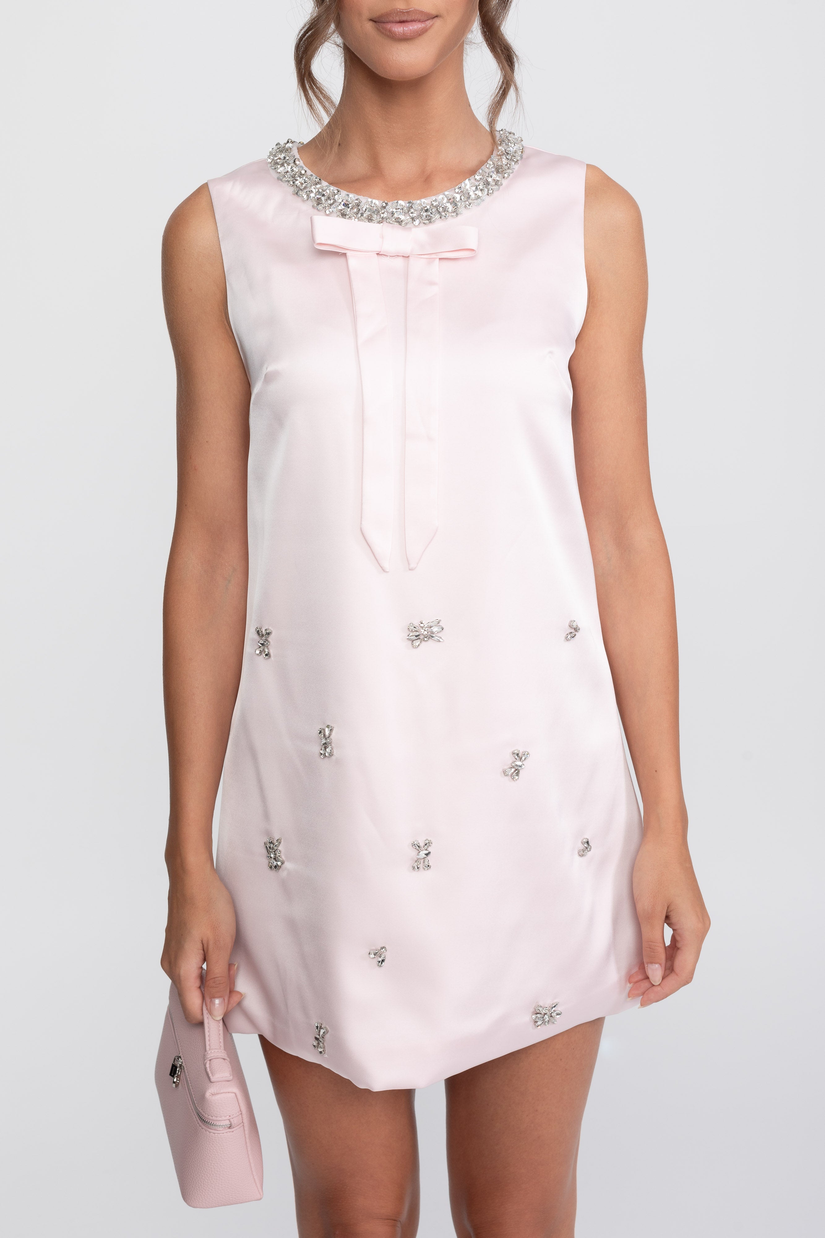 Crystal Embellished Shift Mini Dress With Satin Bow  - Pink