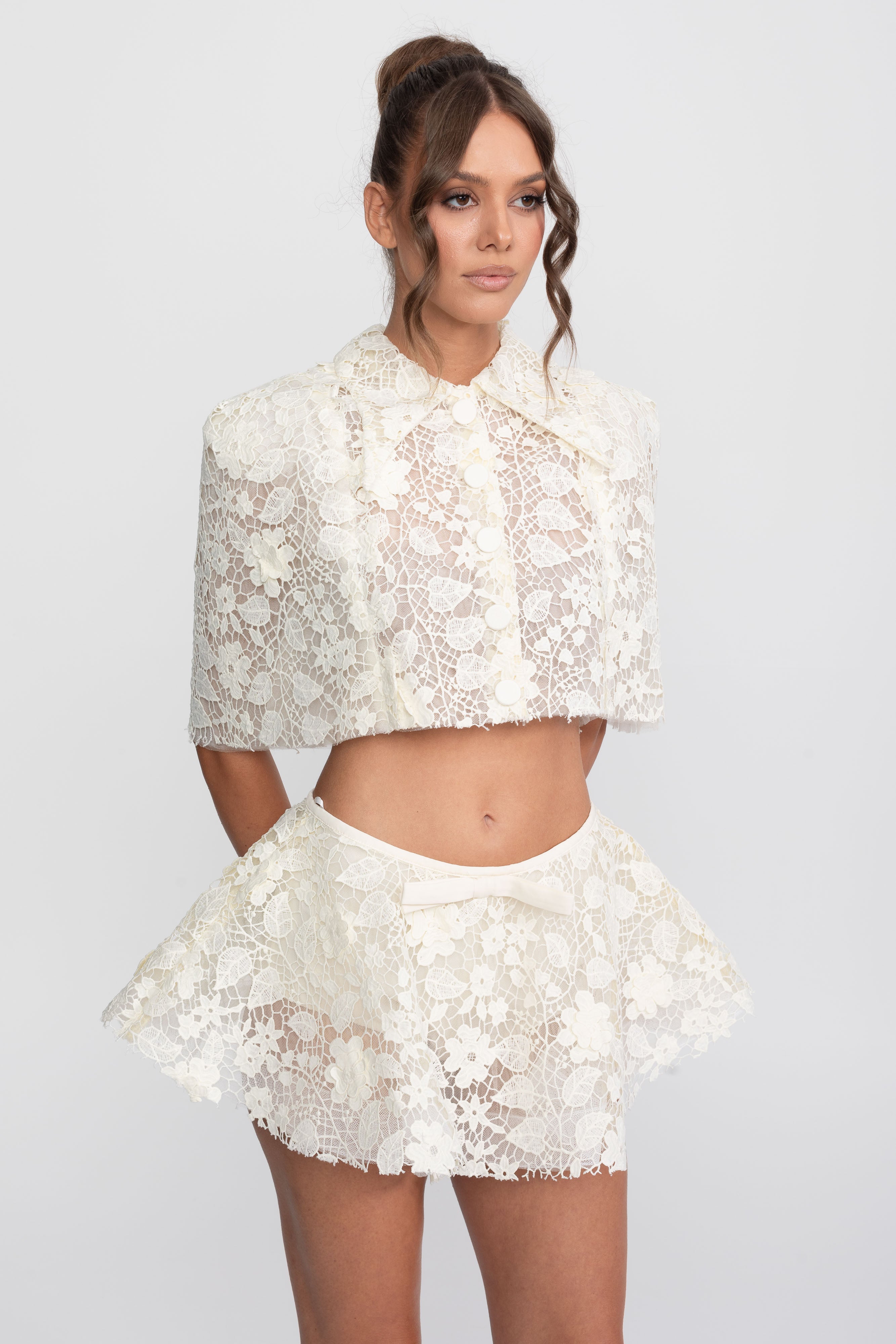 Lace Co-Ord Set With Button Cape And Bow Mini Skirt - Ivoire