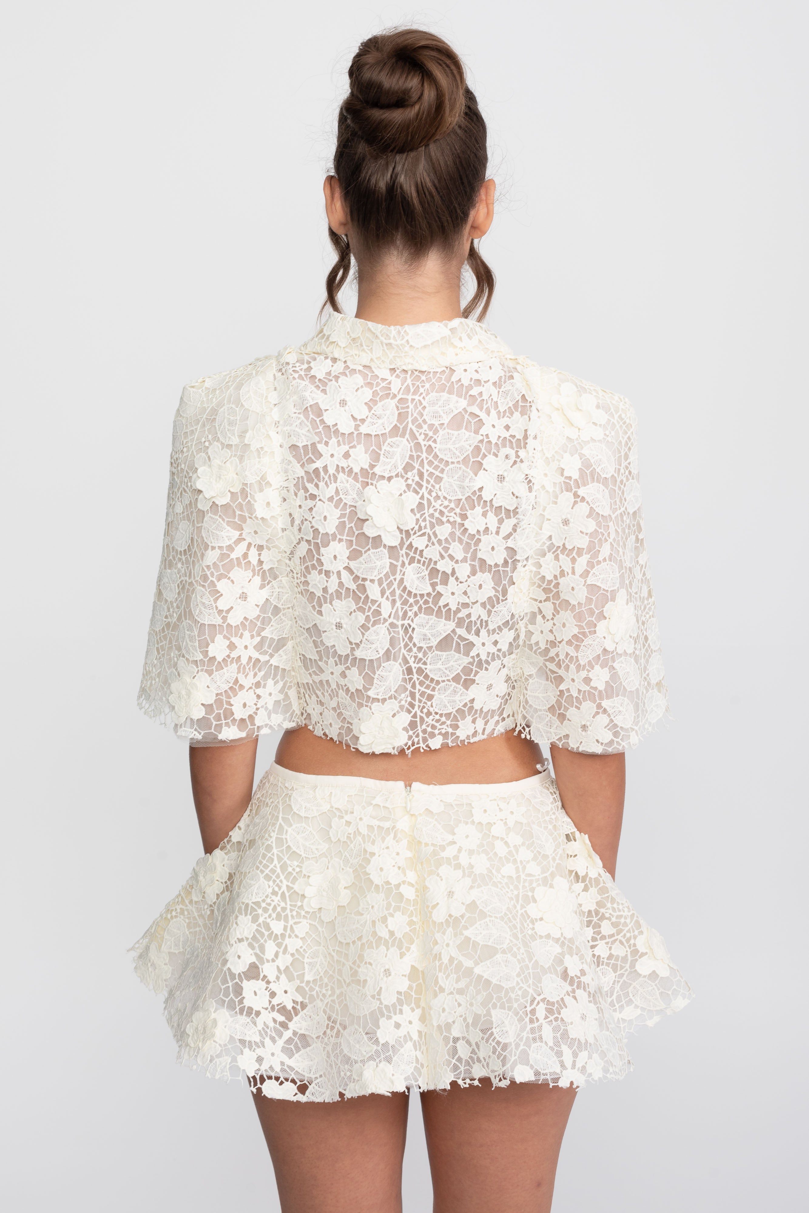 Lace Co-Ord Set With Button Cape And Bow Mini Skirt - Ivoire