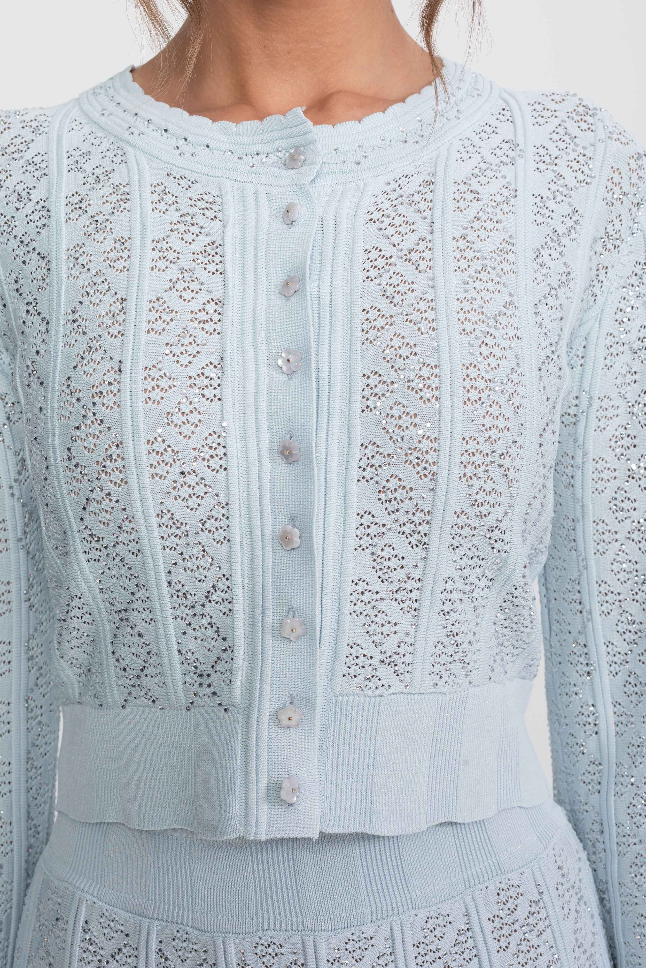 Eyelet Knit Co-Ord Set With Cardigan And Maxi Skirt - Light Blue