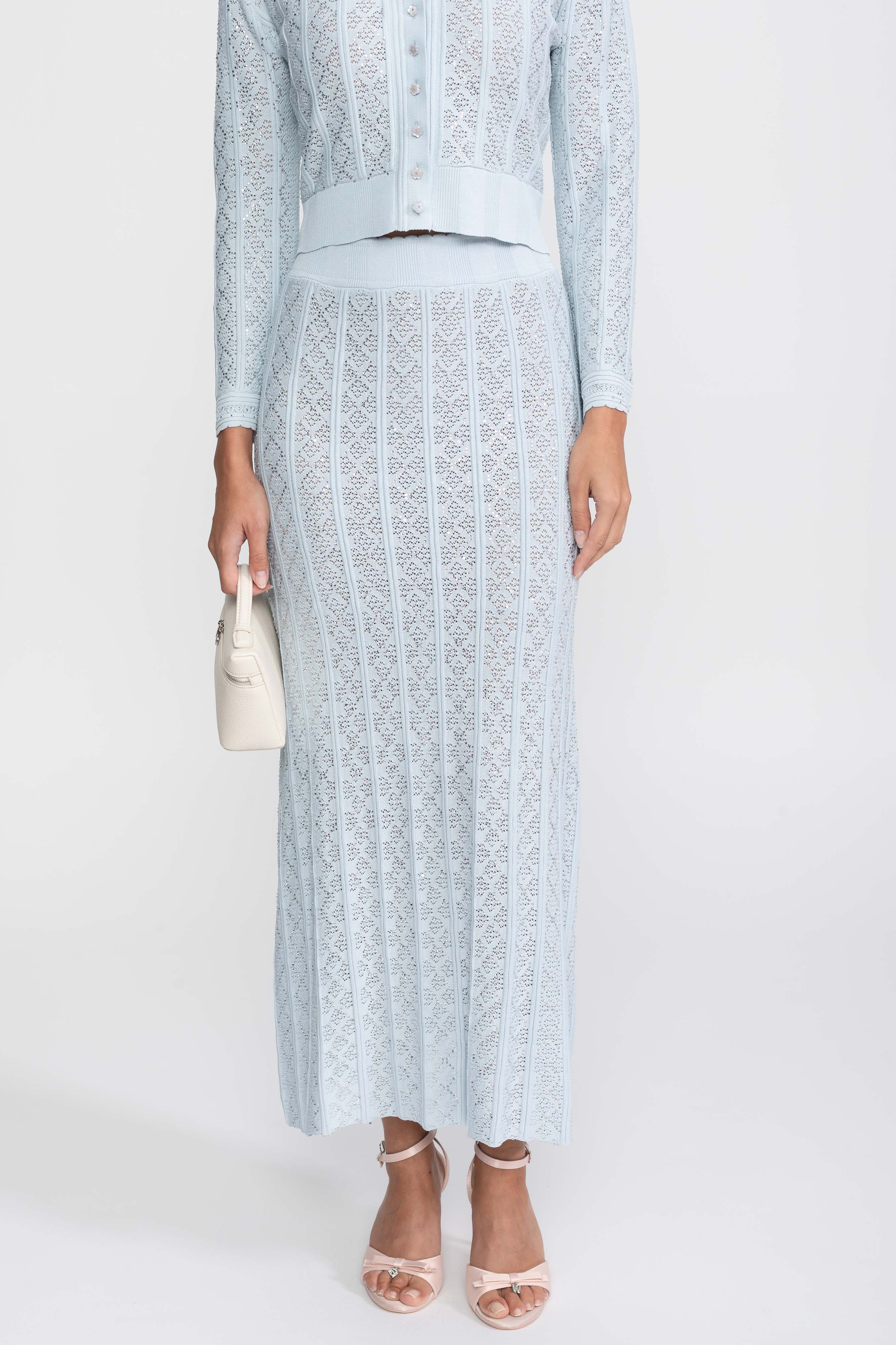 Eyelet Knit Co-Ord Set With Cardigan And Maxi Skirt - Light Blue