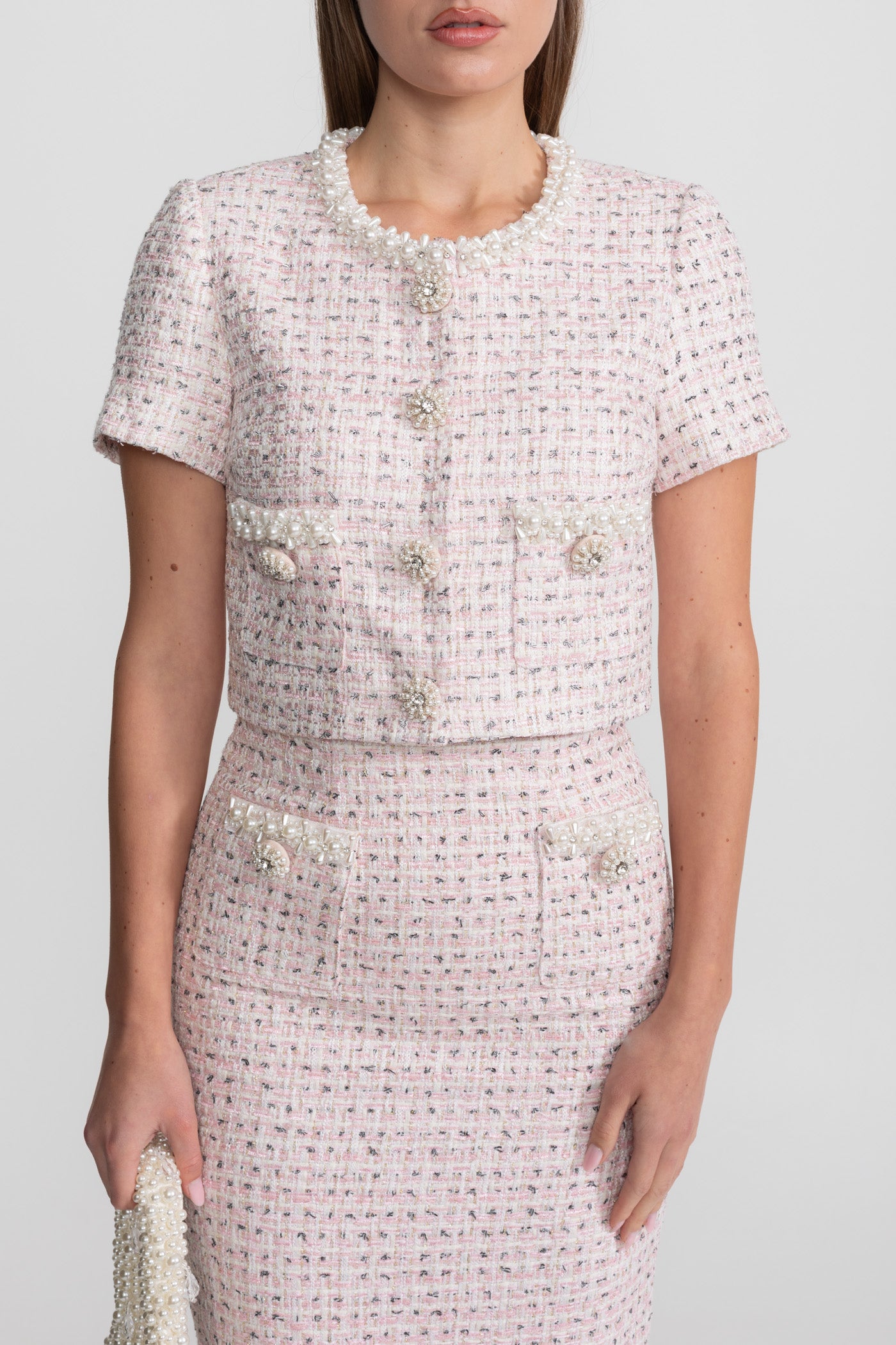 Short Sleeve Pearl-Embellished Top With Sparkling Buttons - Pink
