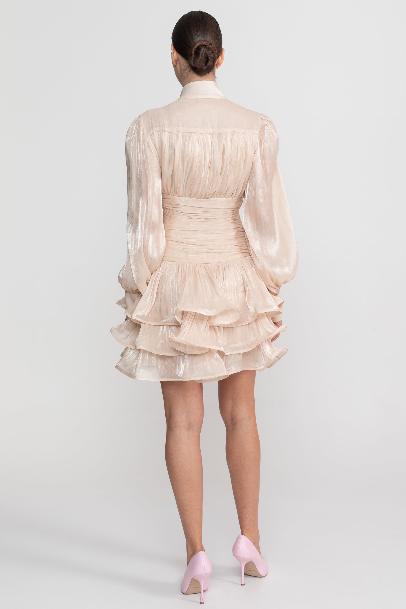 Draped Long Sleeve Mini Dress With Tiered Ruffle Skirt - Champagne