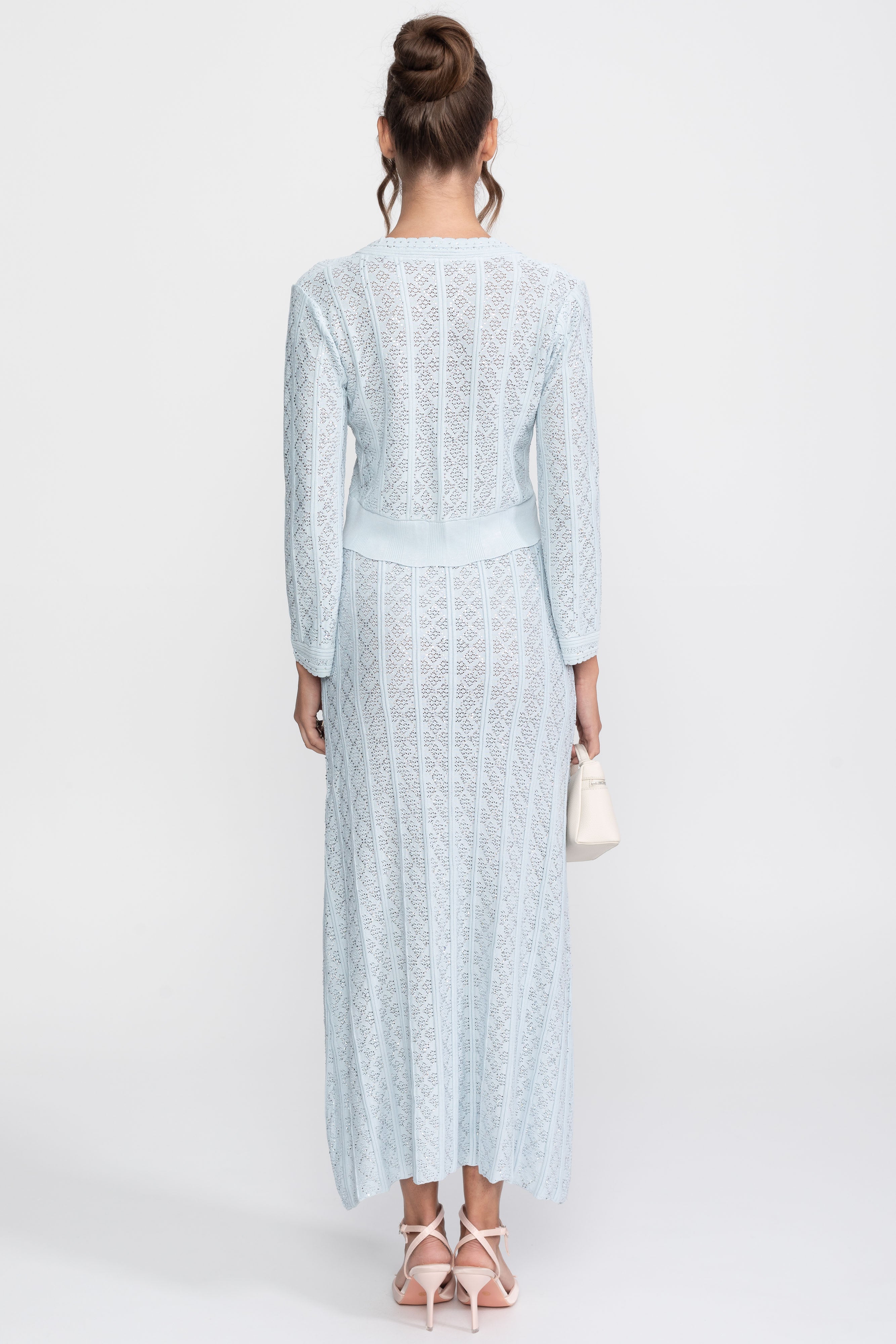 Eyelet Knit Co-Ord Set With Cardigan And Maxi Skirt - Light Blue