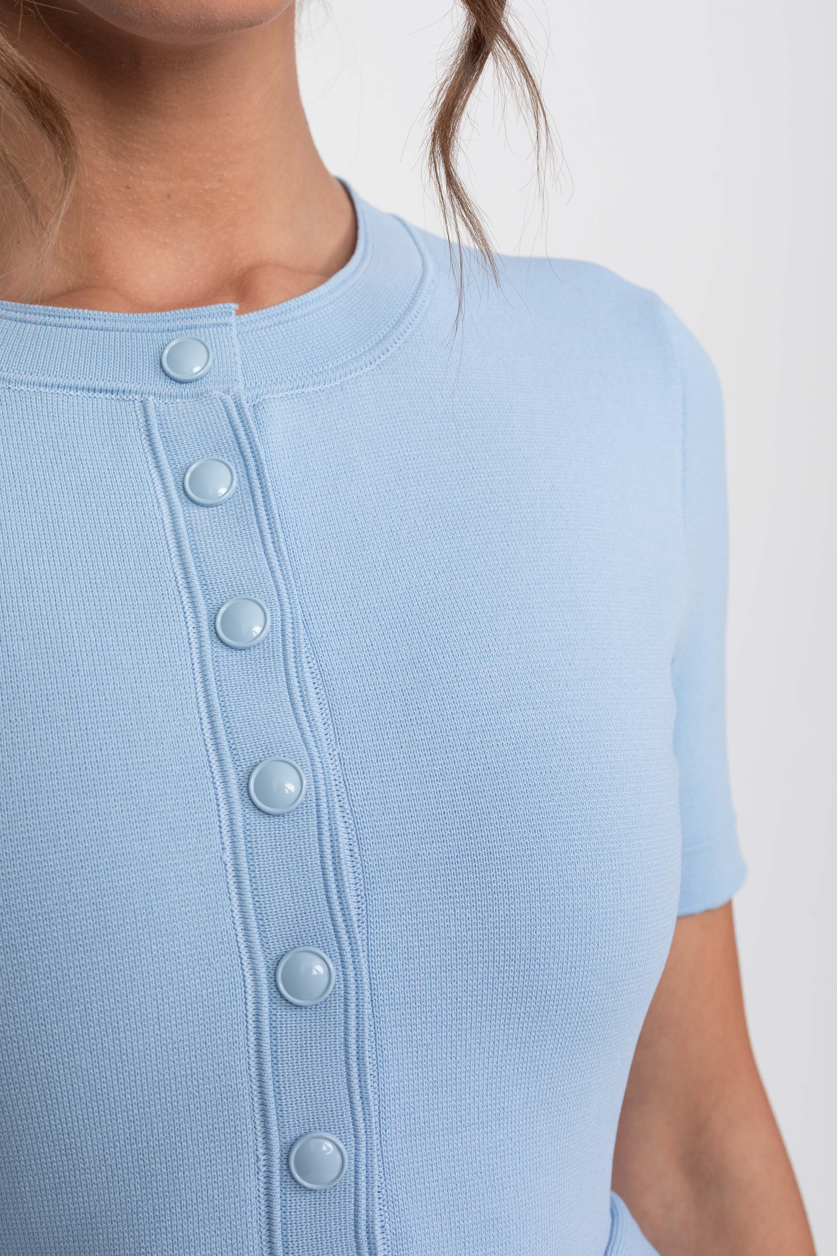 Peplum Knit Midi Dress With Button Front - Light Blue