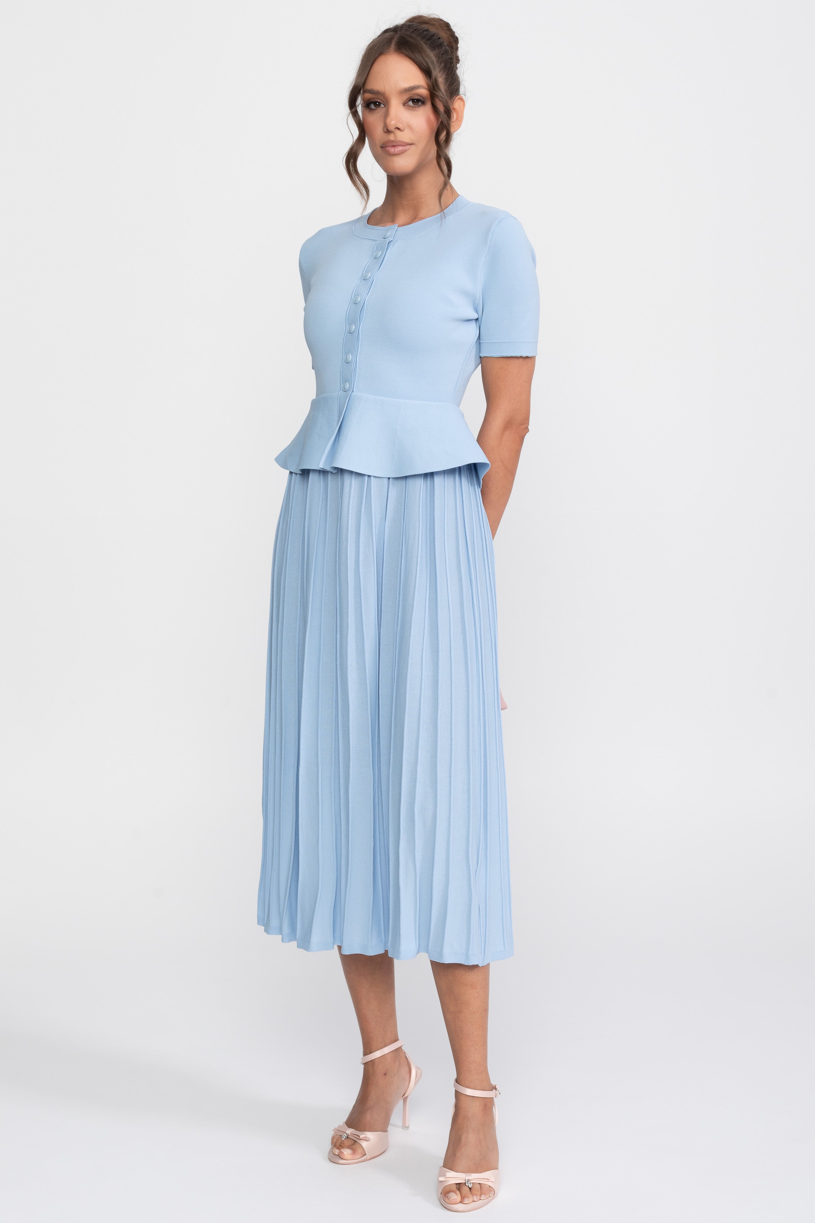 Peplum Knit Midi Dress With Button Front - Light Blue