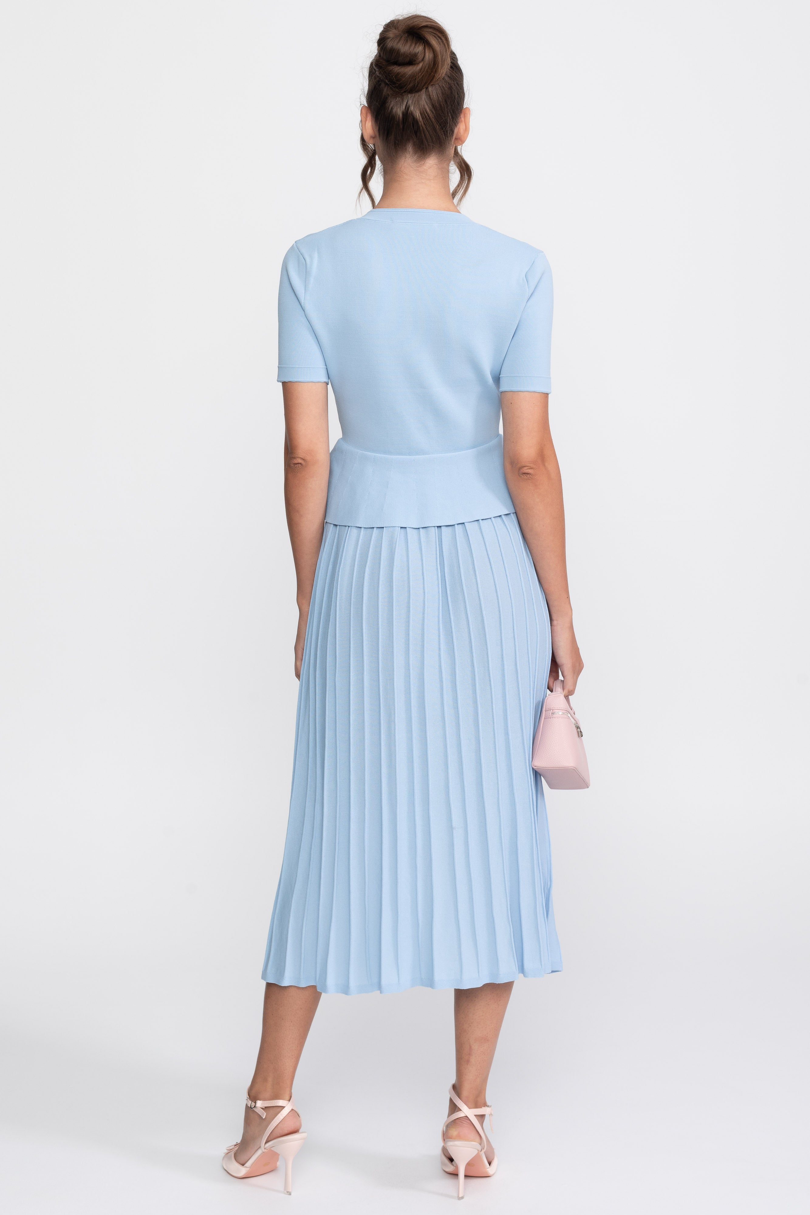 Peplum Knit Midi Dress With Button Front - Light Blue