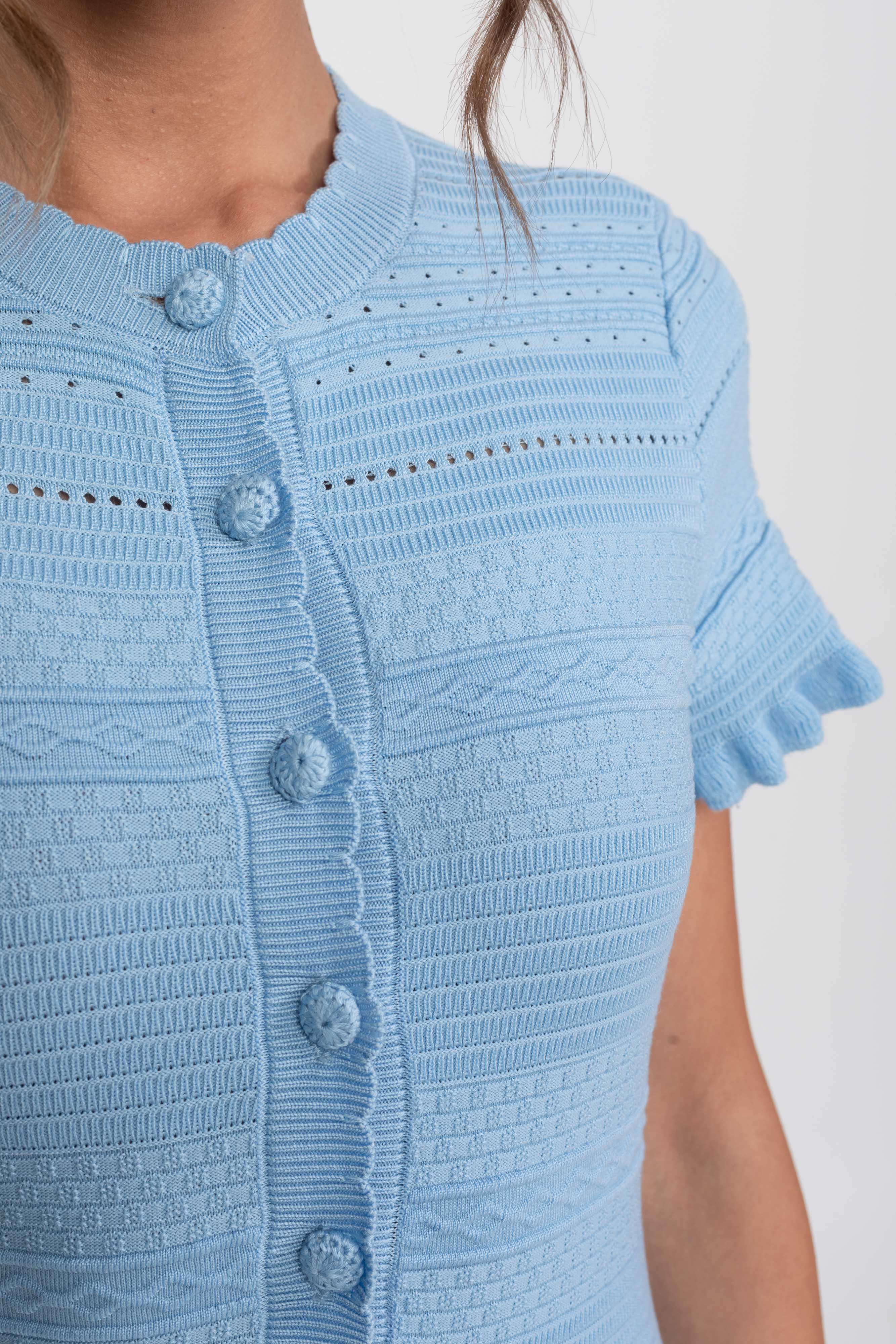Ruffle Hem Knit Midi Dress With Button Front - Sky Blue